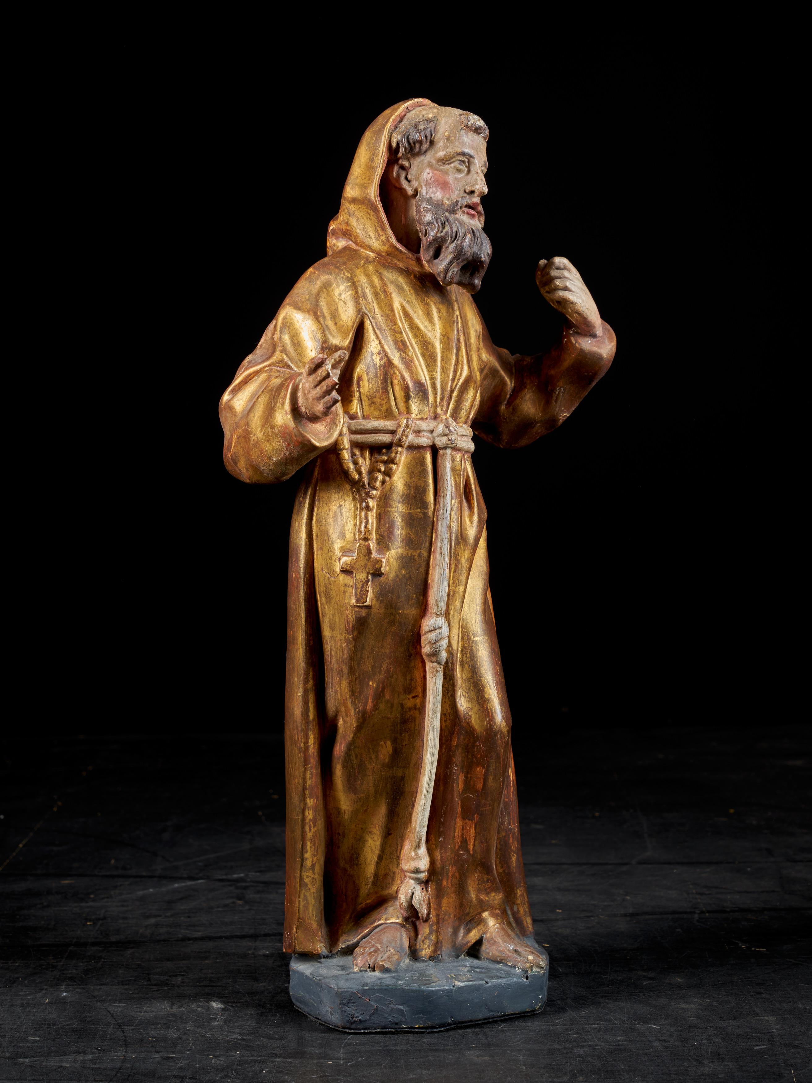 Wooden Statue of Saint-Francis with the Original Polychromy and Gilding 2
