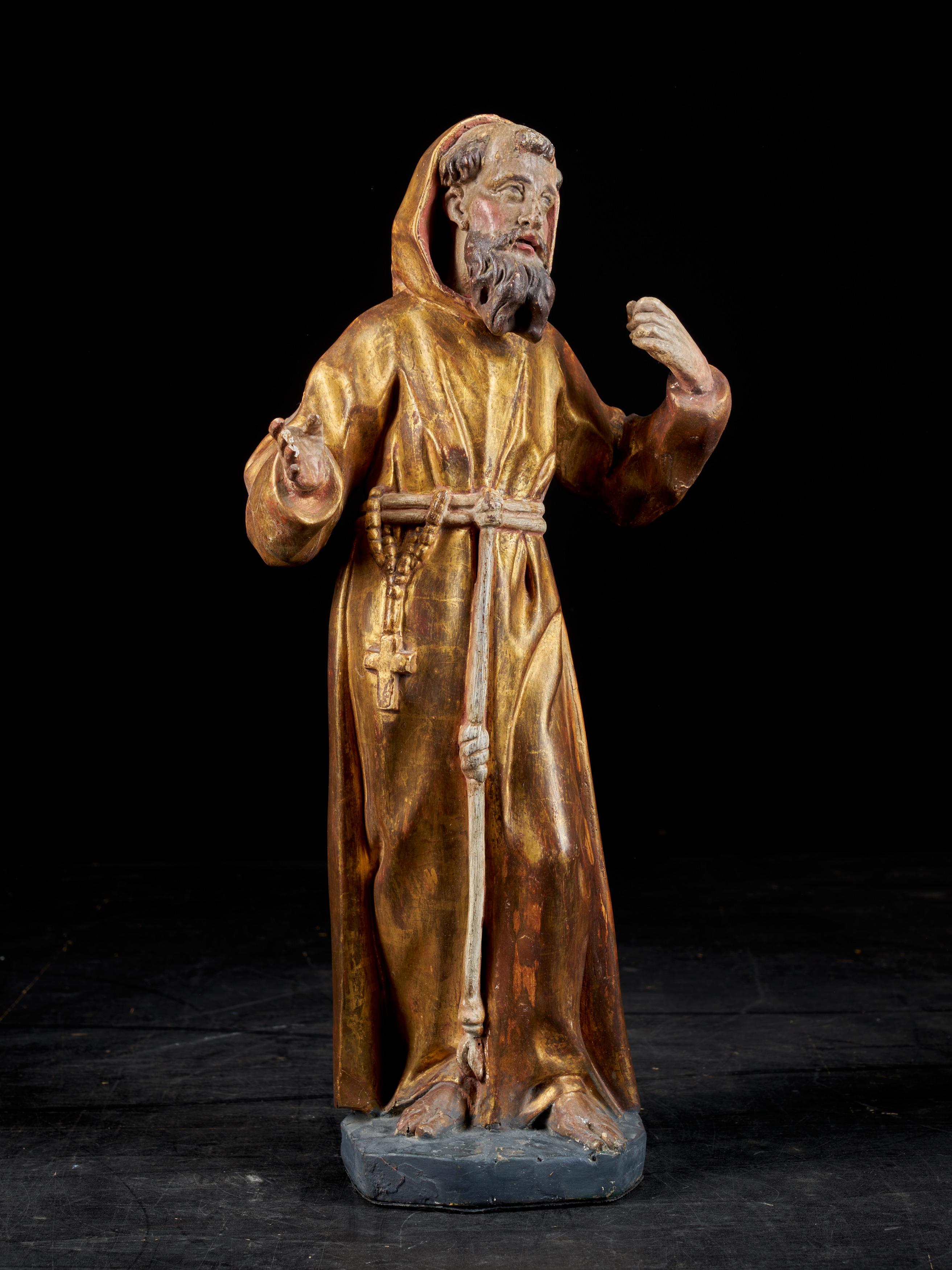 Wooden Statue of Saint-Francis with the Original Polychromy and Gilding 3