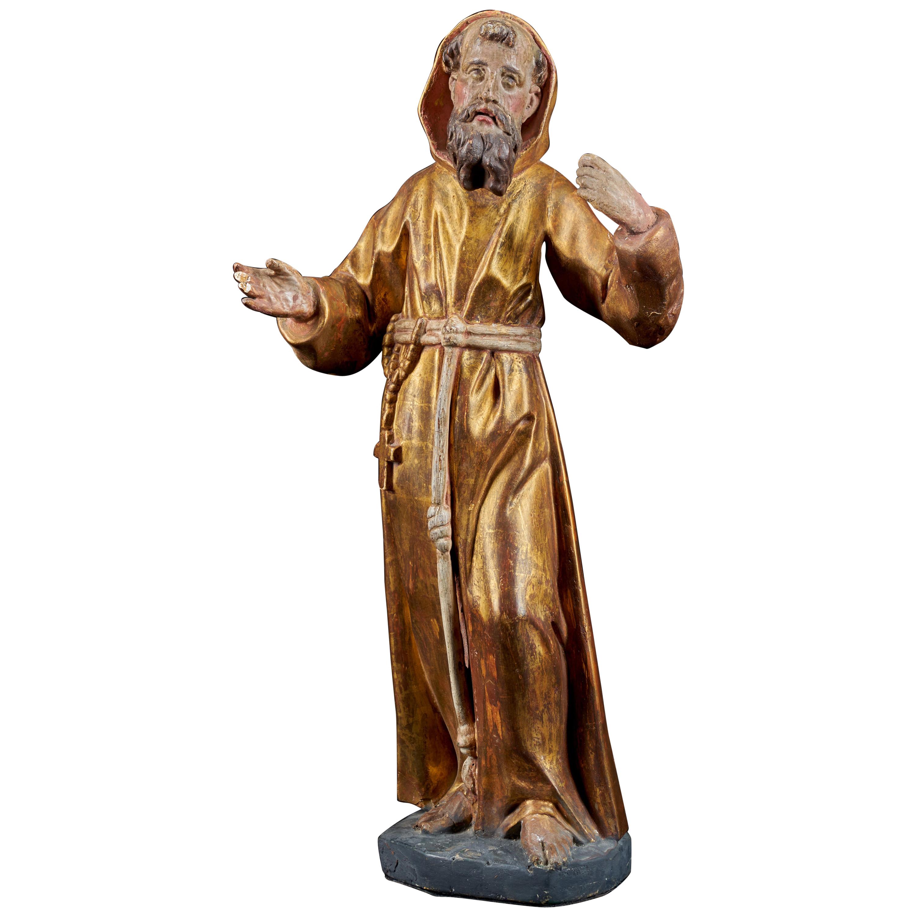Wooden Statue of Saint-Francis with the Original Polychromy and Gilding
