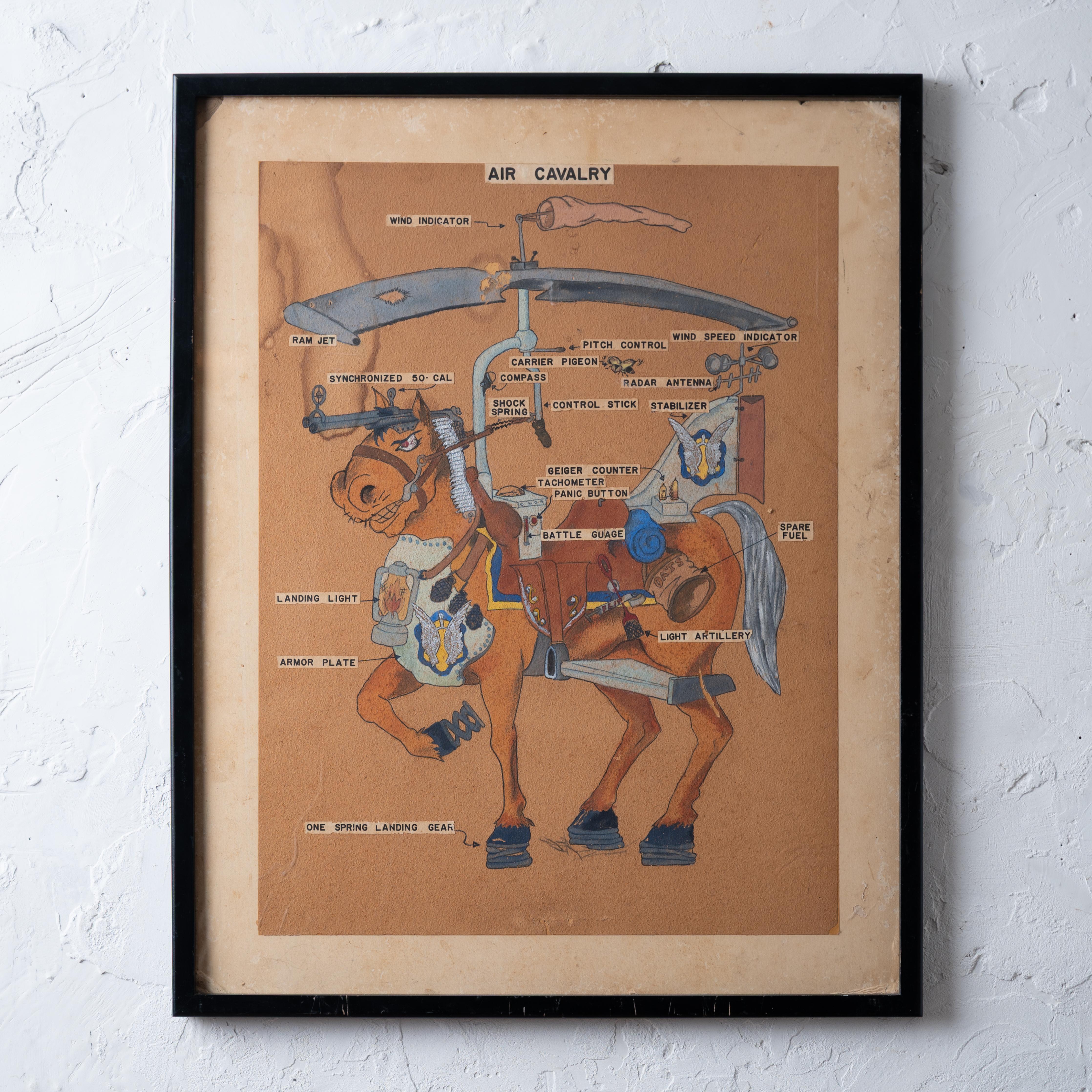 Eine Original-Gouache auf Papier mit einem fantasievollen fliegenden Pferd von einem Künstler, der wahrscheinlich dem 17. Kavallerieregiment angehörte, um 1970.



Papier: 18 mal 24 Zoll

Rahmen: 23 mal 29 Zoll



