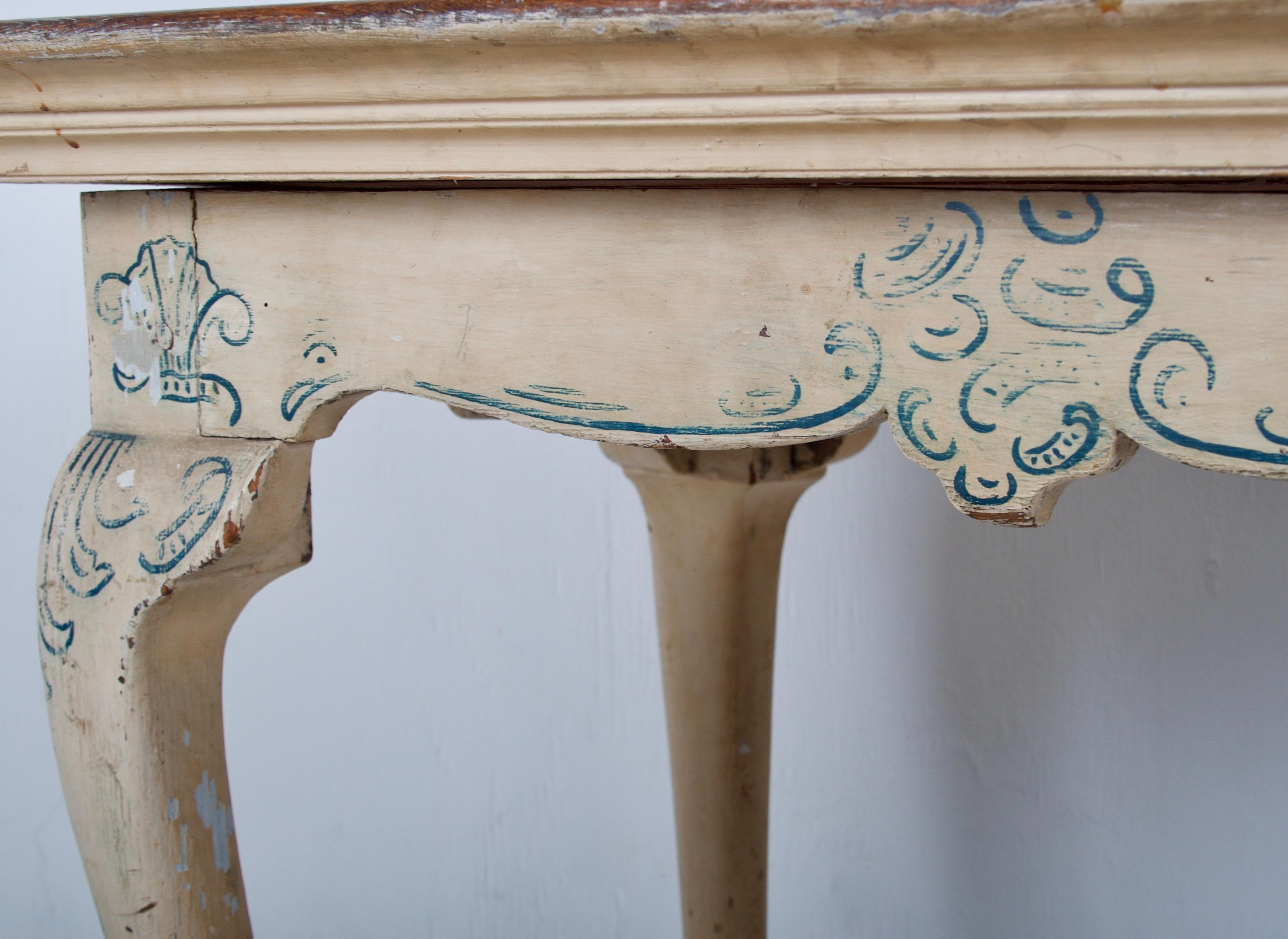Hand-Painted 17th Cent. Delft Tile Inset into a 18th Cent. Dutch Side Table with Paint Decor