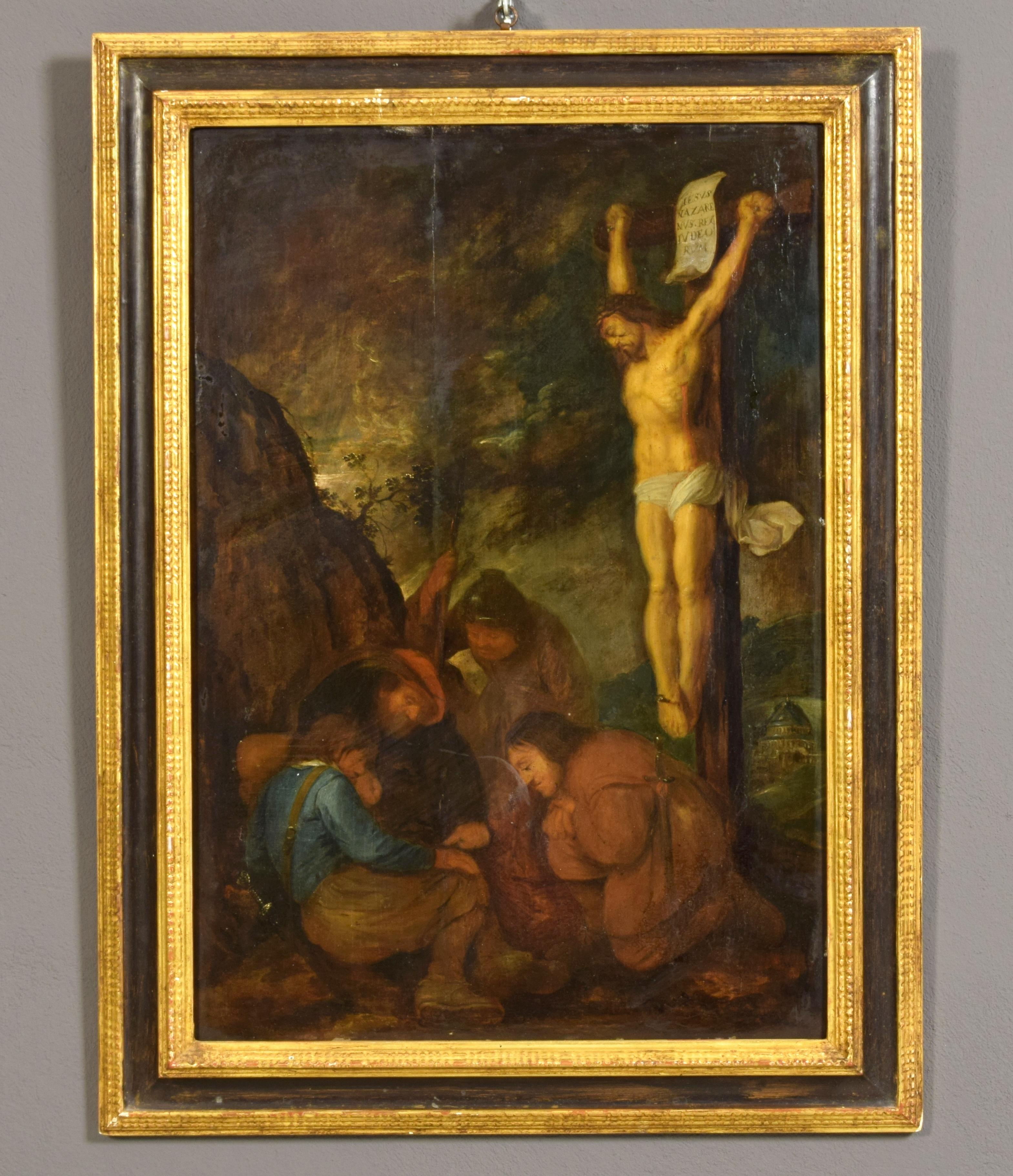 huile sur panneau flamande du 17e siècle Monogrammiste H.C.:: Soldats jouant pour une tunique en vente 3