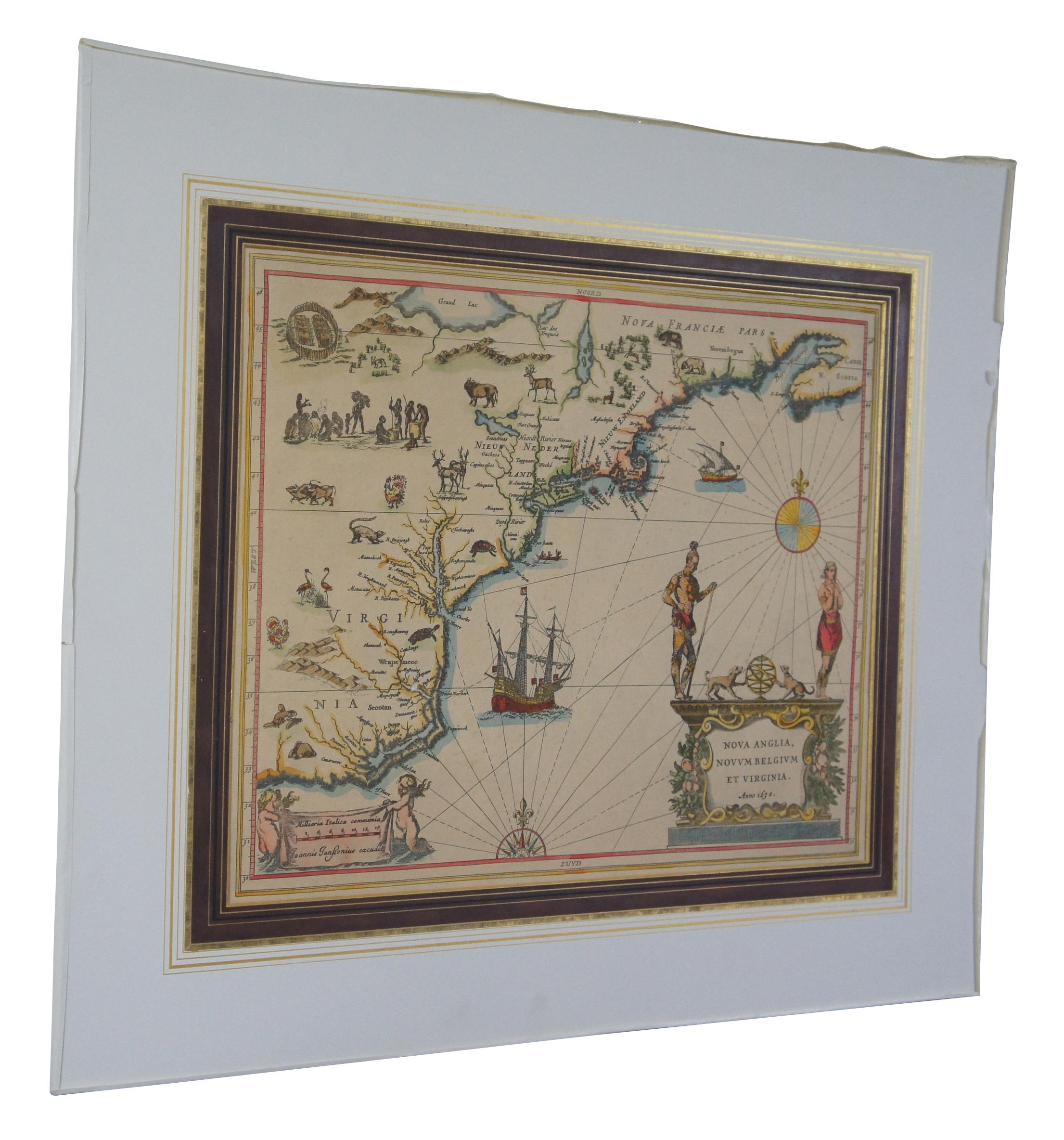 American Colonial 17th Century 1630 Nova Anglia Colored Map Engraving Belgium Virginia Jan Jansson