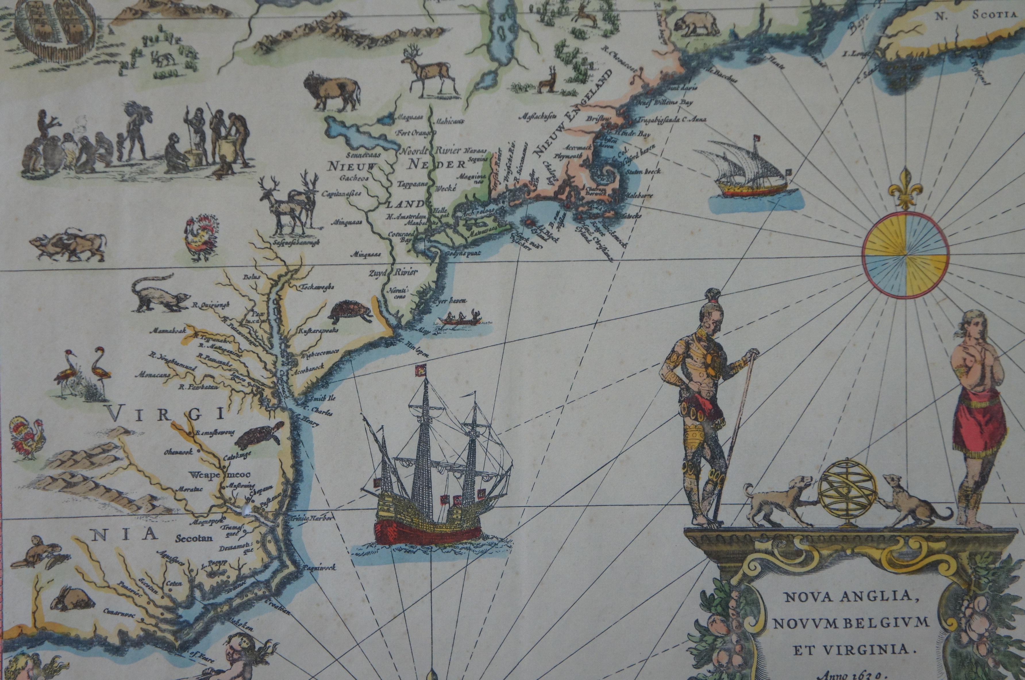 18th Century and Earlier 17th Century 1630 Nova Anglia Colored Map Engraving Belgium Virginia Jan Jansson