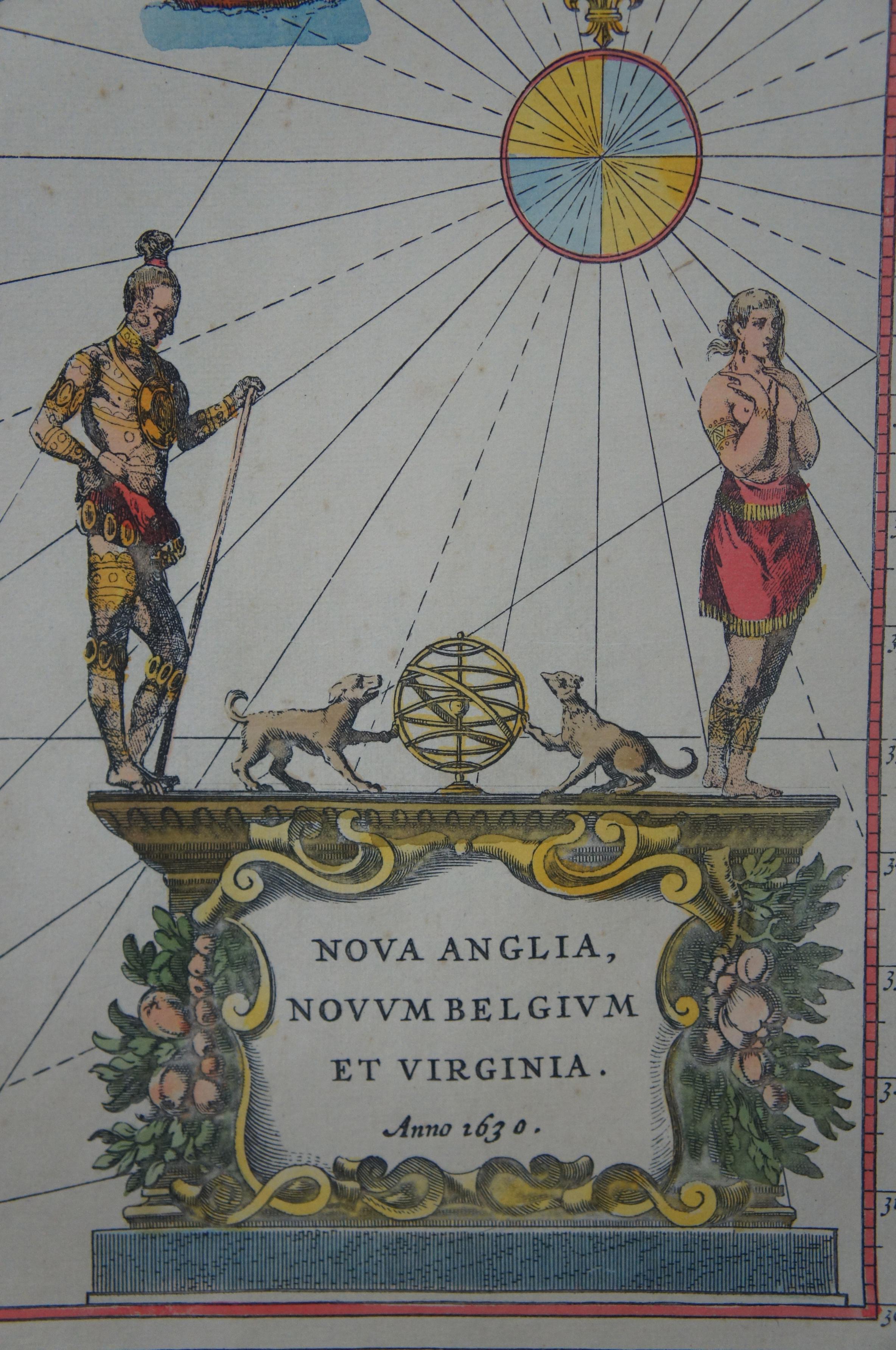 17th Century 1630 Nova Anglia Colored Map Engraving Belgium Virginia Jan Jansson 1