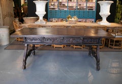 17th Century 2-Drawer Handcarved Walnut Table w/ Fluted Legs & Original Iron