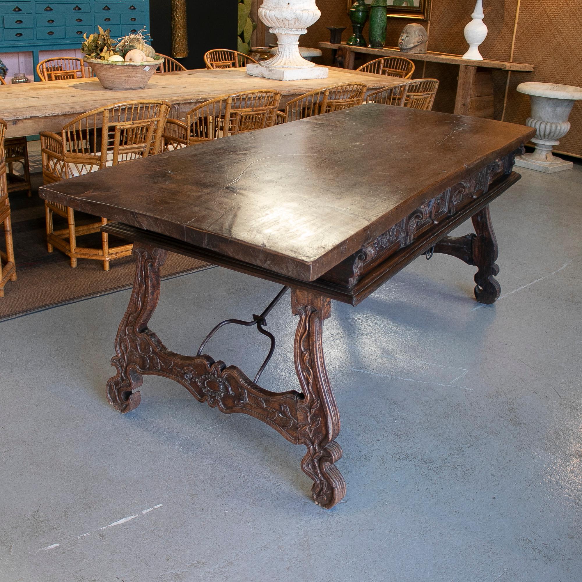 18th Century and Earlier 17th Century 2-Drawer Handcarved Walnut Table w/ Fluted Legs & Original Iron For Sale
