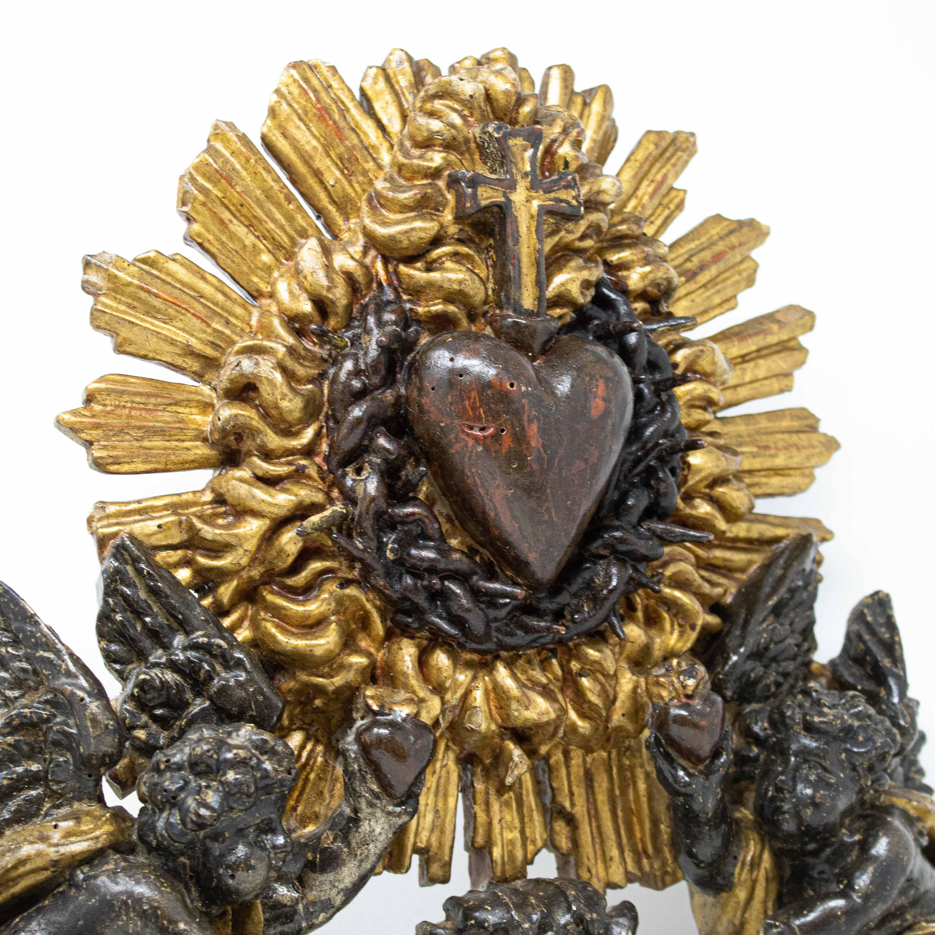 17th Century Adoration of the Sacred Heart of Jesus Wood Sculpture 1