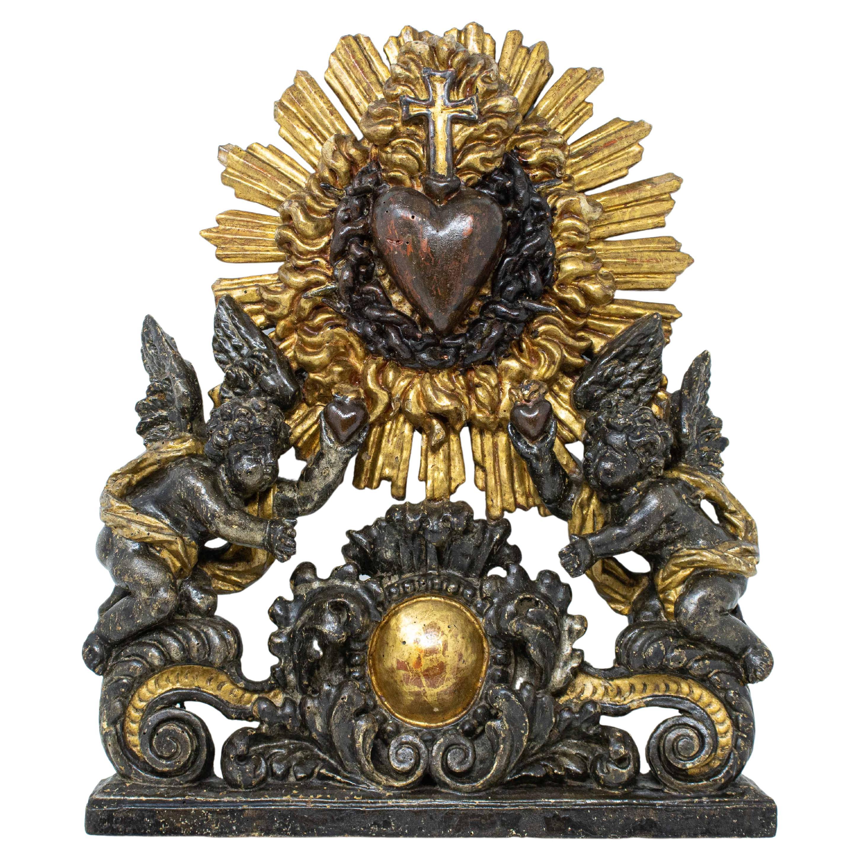 17th Century Adoration of the Sacred Heart of Jesus Wood Sculpture