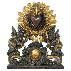 17th Century Adoration of the Sacred Heart of Jesus Wood Sculpture