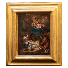 Antique 17th Century Adoration of the Shepherds Neapolitan School Painting Oil on Canvas