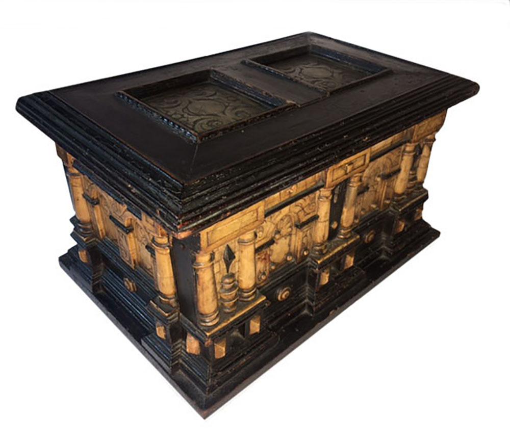 18th Century and Earlier 17th Century, Alabaster and Ebonised Wood Casket Malines Coffer For Sale
