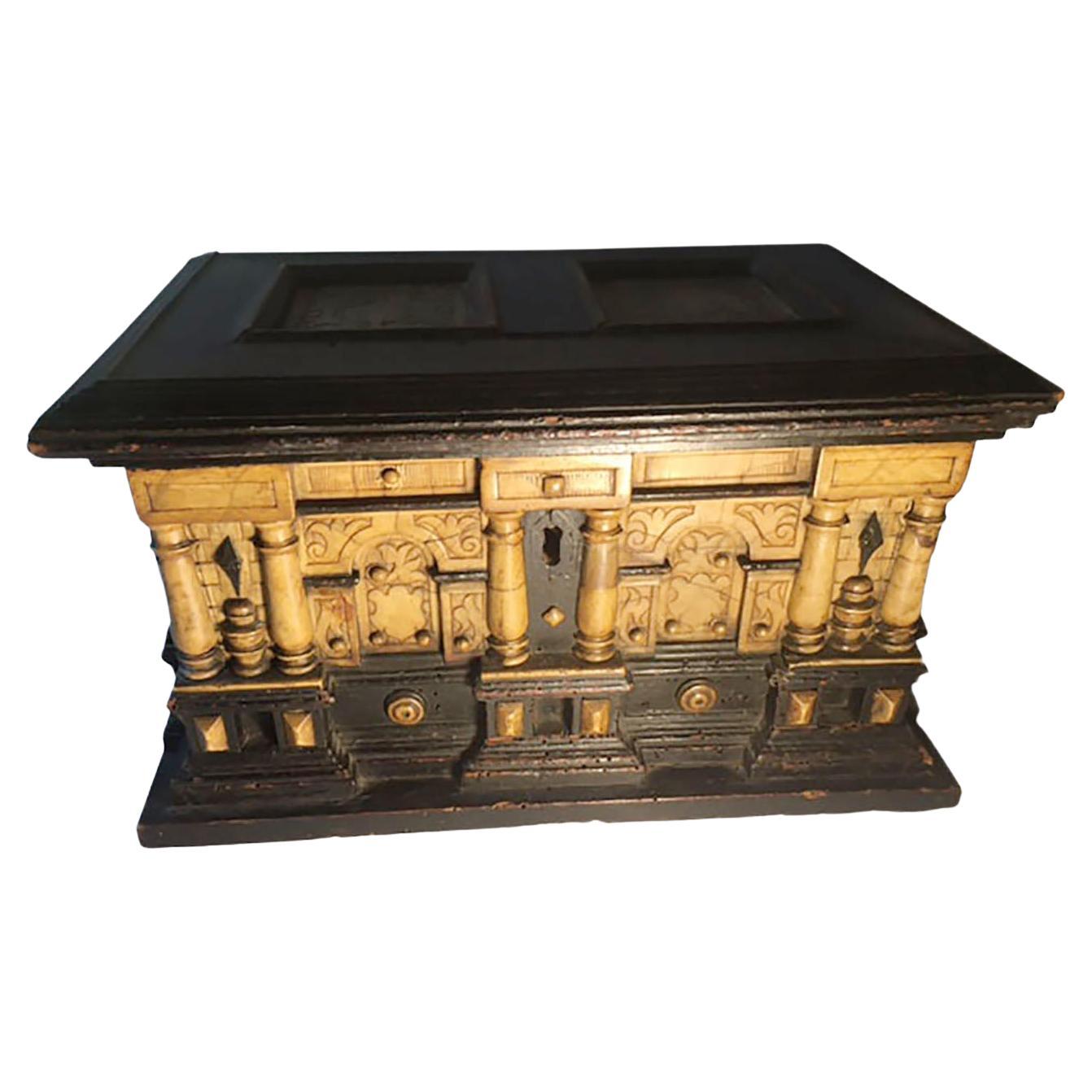 17th Century, Alabaster and Ebonised Wood Casket Malines Coffer For Sale