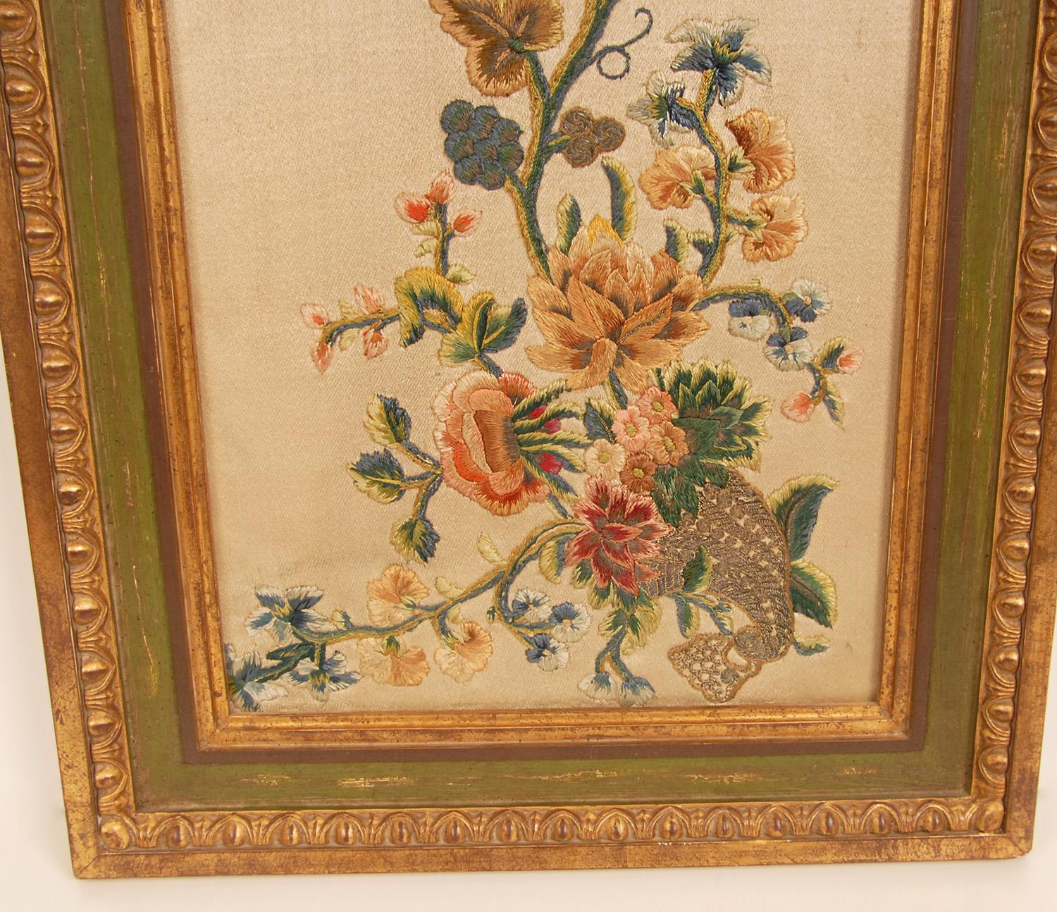 17th Century Embroidered Altar Cloth Framed Textile Art Cornucopia a pair im Angebot 2