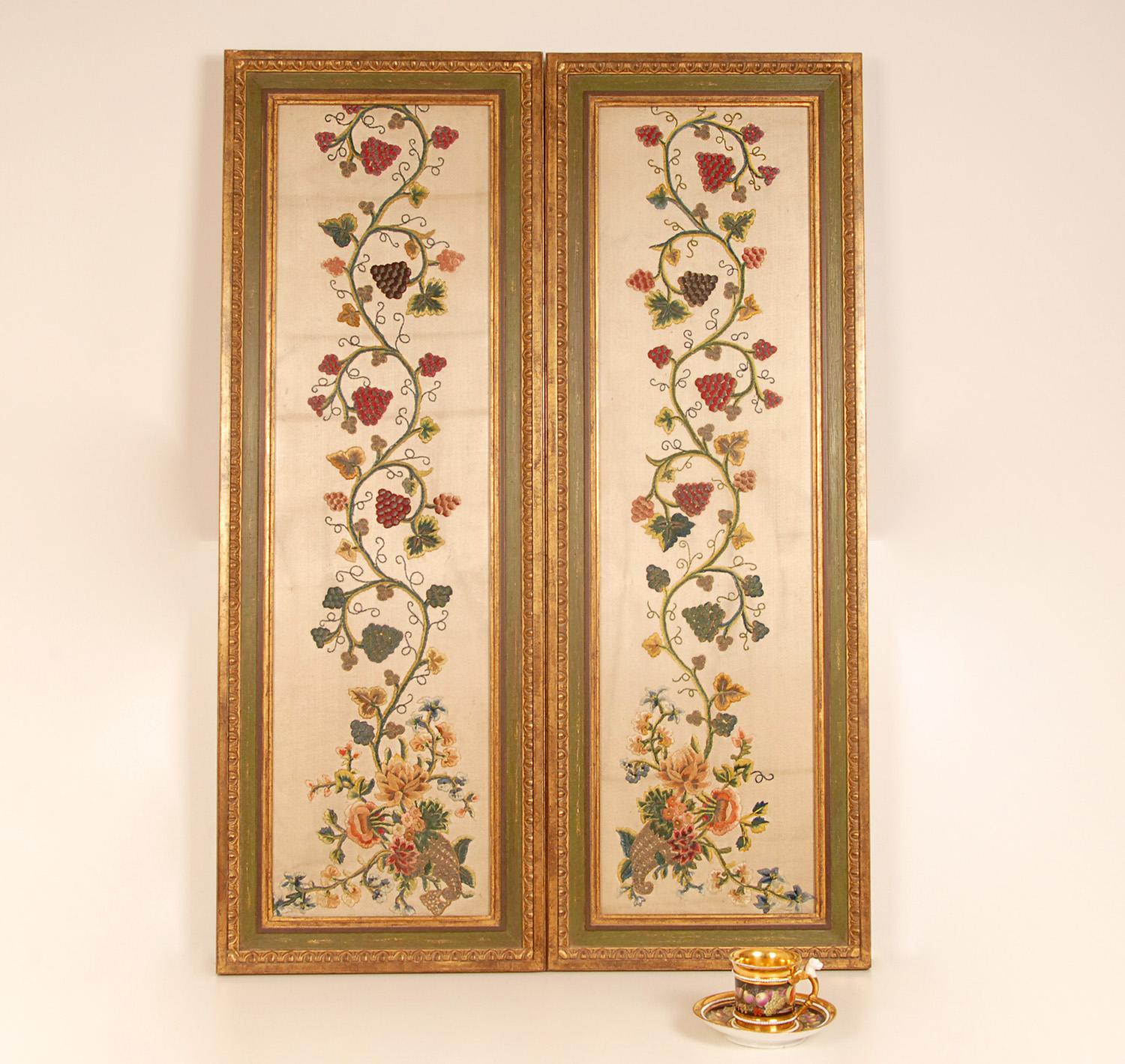 17th Century Embroidered Altar Cloth Framed Textile Art Cornucopia a pair im Angebot 4
