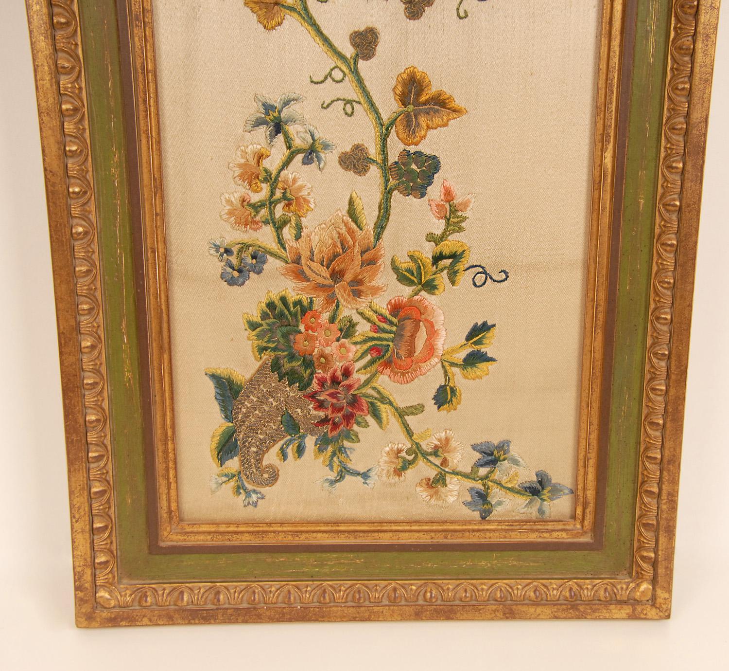 17th Century Embroidered Altar Cloth Framed Textile Art Cornucopia a pair im Angebot 9