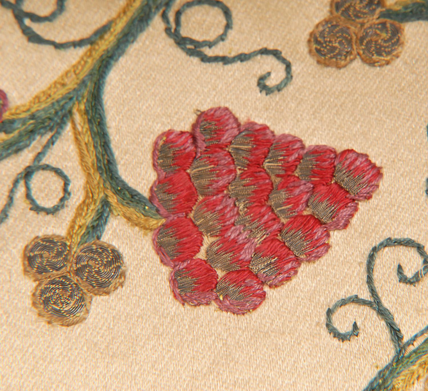 17th Century Altar Cloth Fragments Framed in a bois dore frame with green behind glass
Made of hand woven silk Metallic thread embroidered 
Depicting Cornucopia also known as the Horn of plenty.
A scrolling grapevine, a lotus and other flowers