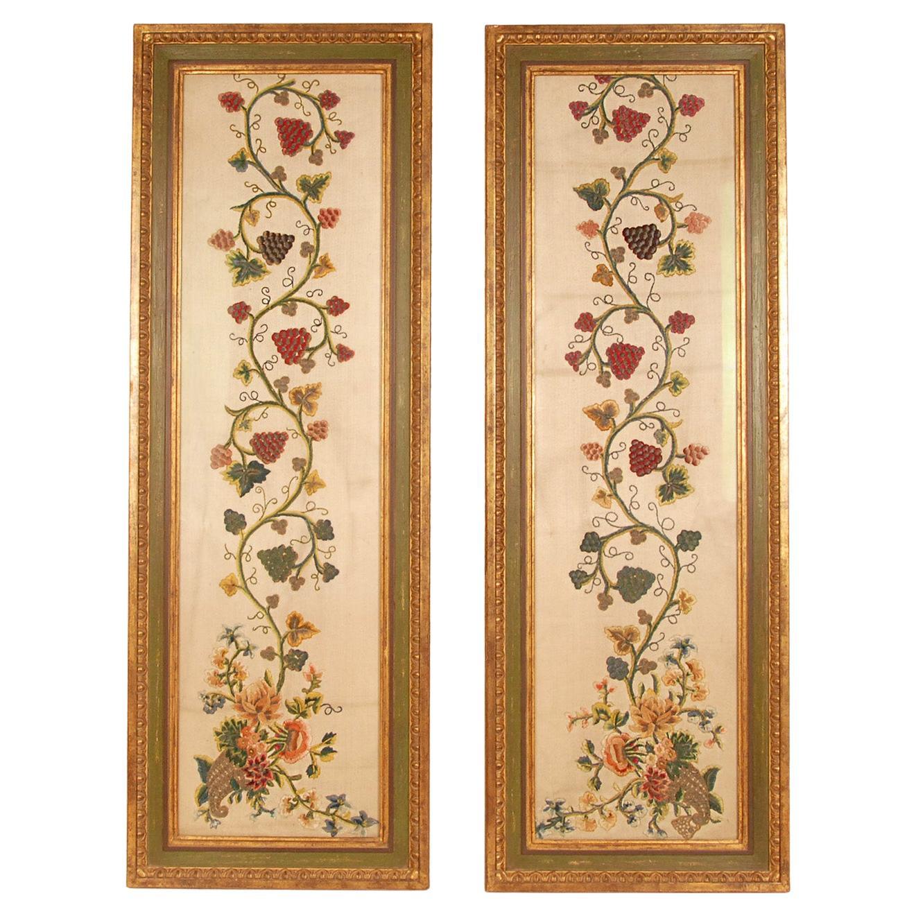 17th Century Embroidered Altar Cloth Framed Textile Art Cornucopia a pair