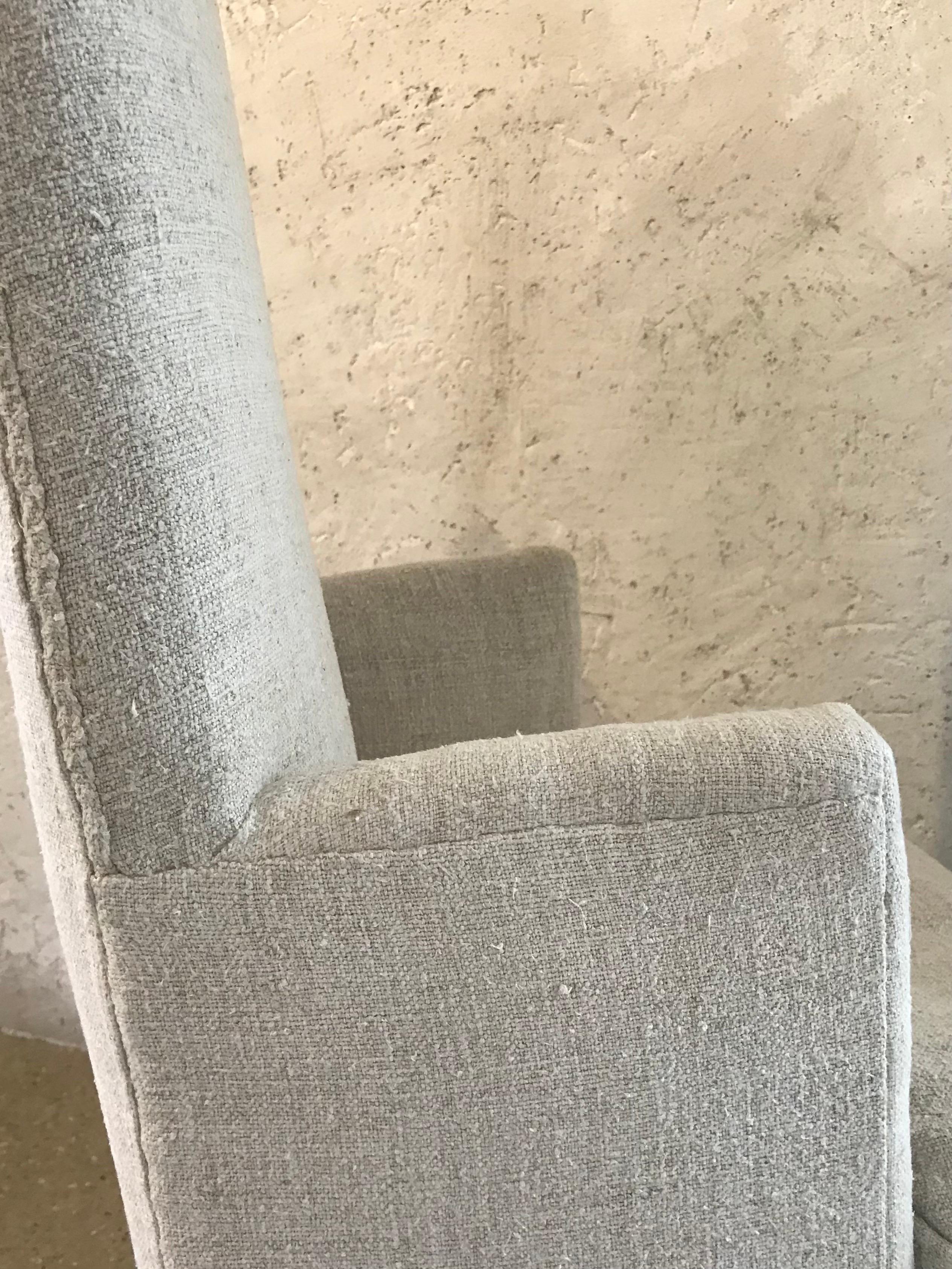 Gorgeous and unique Hall Chair reimagined in textural period linen. Chair has been respectfully refurbished to honor its 17th Century age. A gorgeous object in any space. Comfortable even though it appears to the contrary.
