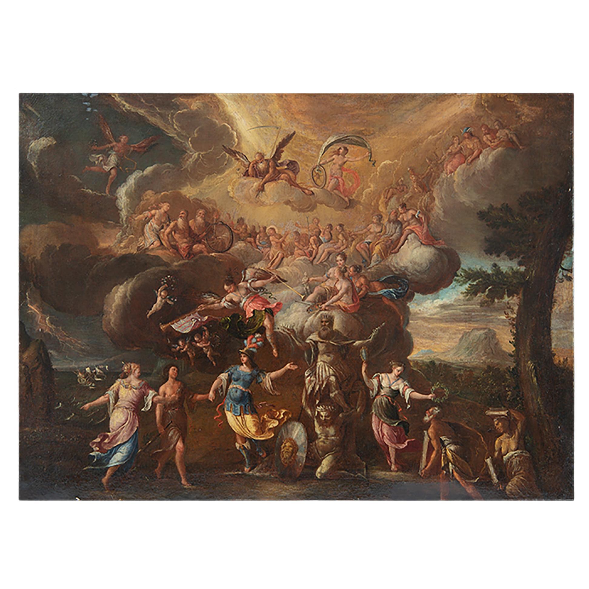 Peinture  l'huile ancienne du XVIIe sicle sur toile, scne mythologique
