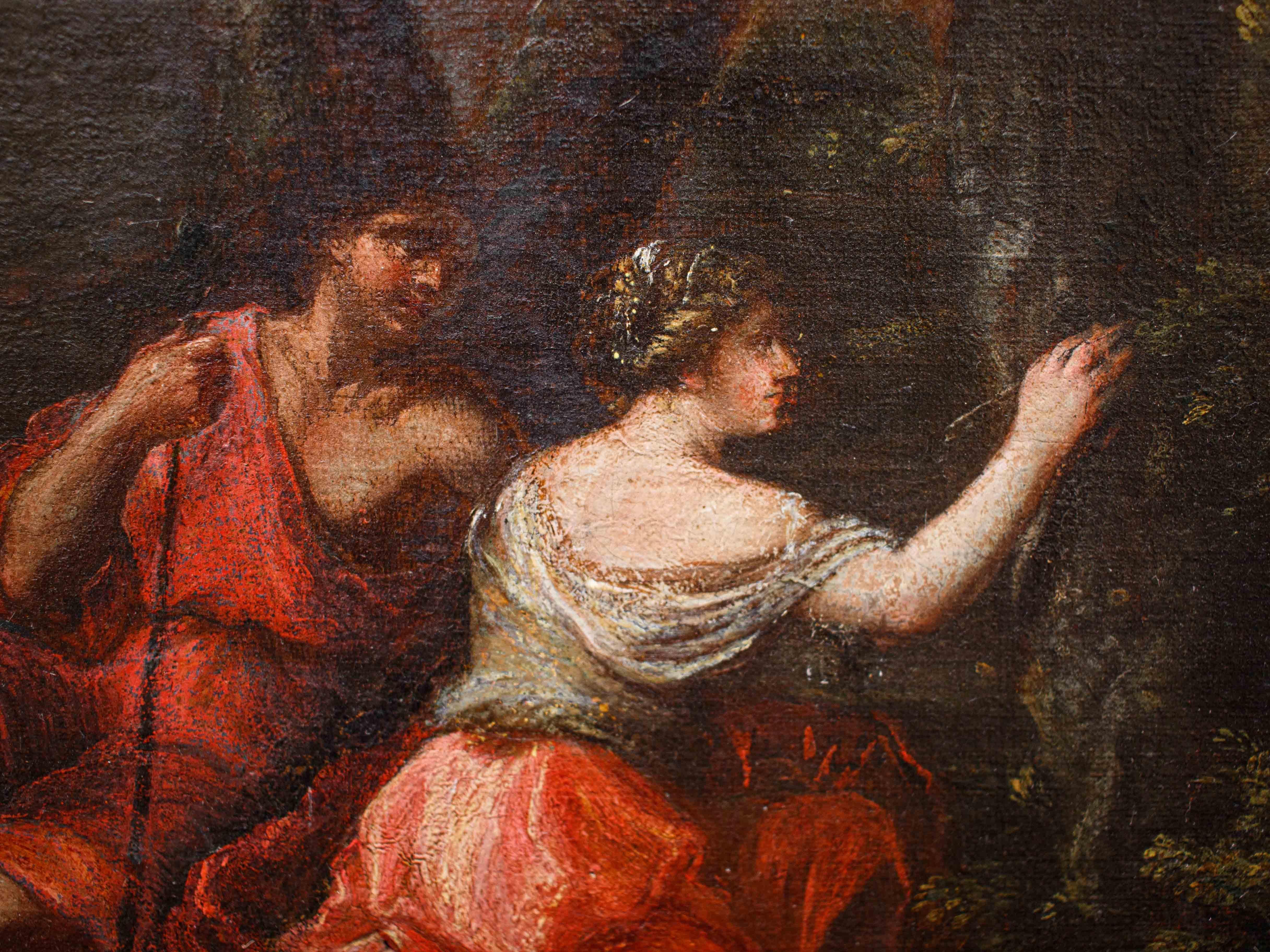 Roman School, 17th century
Angelica and Medoro engrave their names on the bark of a tree
Oil on canvas, 65 x 48.5 cm 



The canvas depicts one of the most famous episodes of Orlando Furioso, a chivalrous poem by Ludovico Ariosto, published in