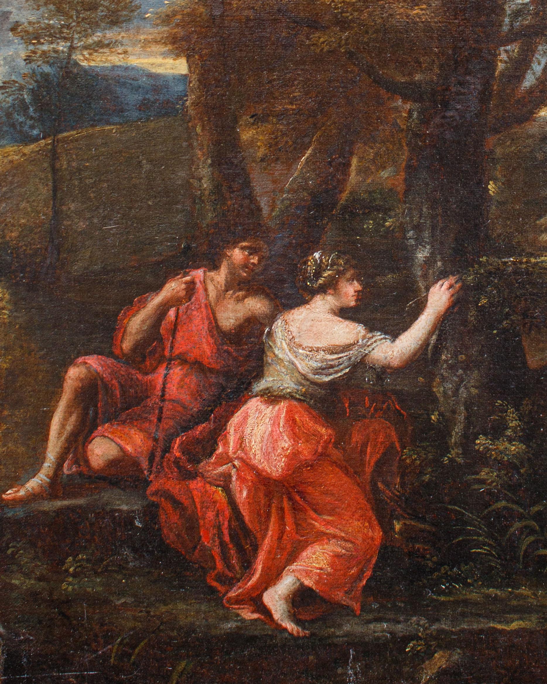 Italian 17th Century Angelica and Medoro Painted Oil on Canvas Roman School For Sale