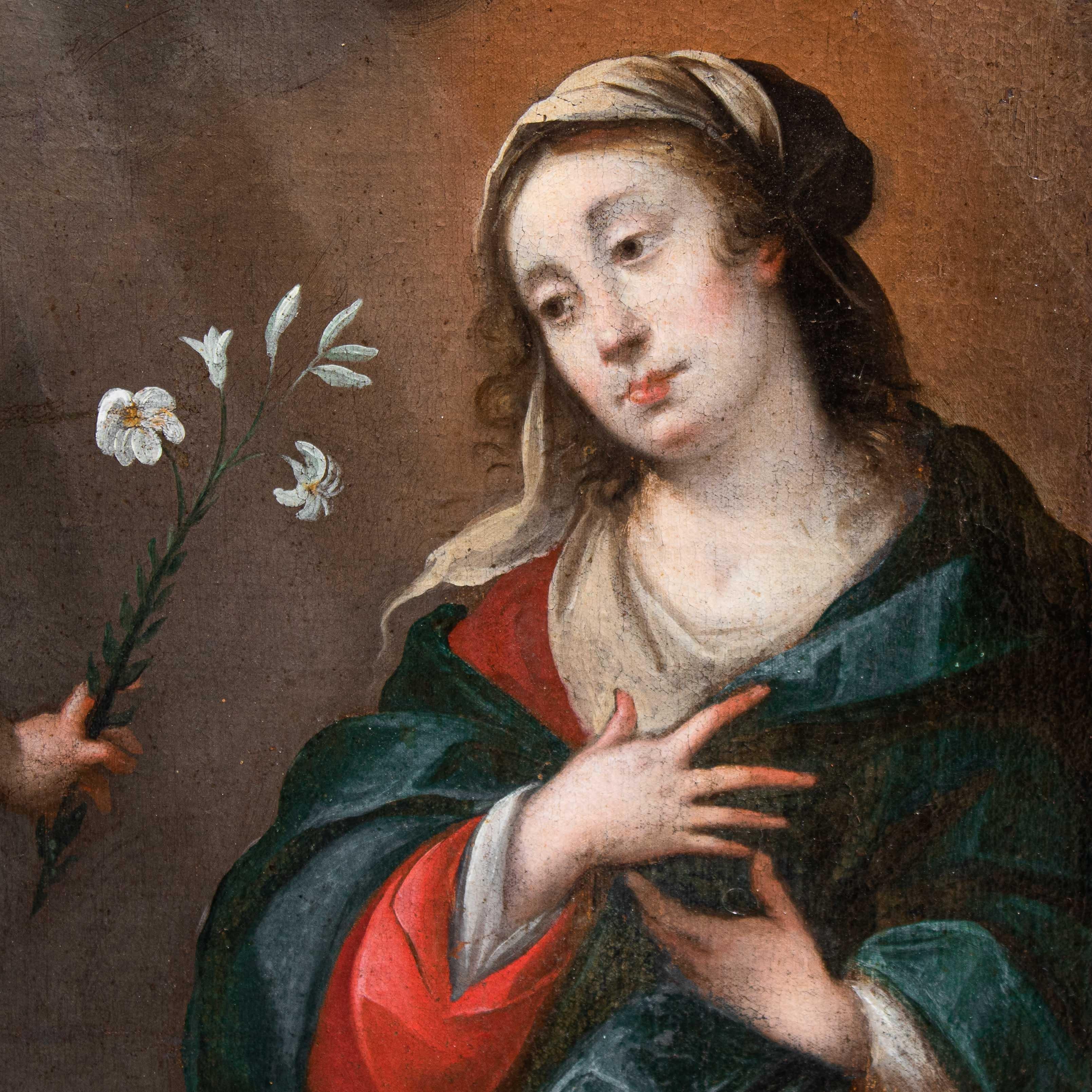 17th Century Annunciation Painting Oil on Canvas Workshop of Nuvolone For Sale 7