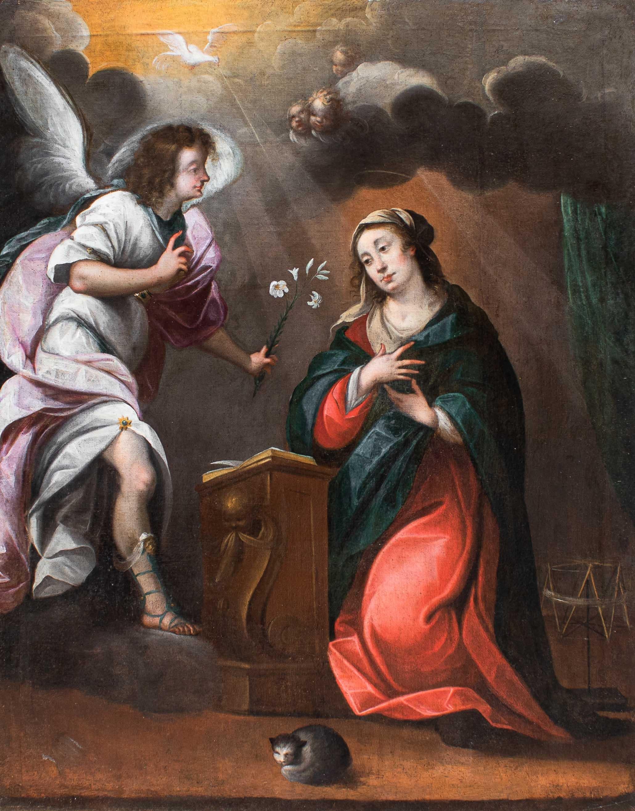 17th century, Nuvolone workshop
Annunciation
Measures: Oil on canvas, 98.50 x 127.00 cm - with frame 144 x 115

Depicted is a canonical Annunciation which sees Mary on her knees interrupted by the swirling arrival of the archangel Gabriel who
