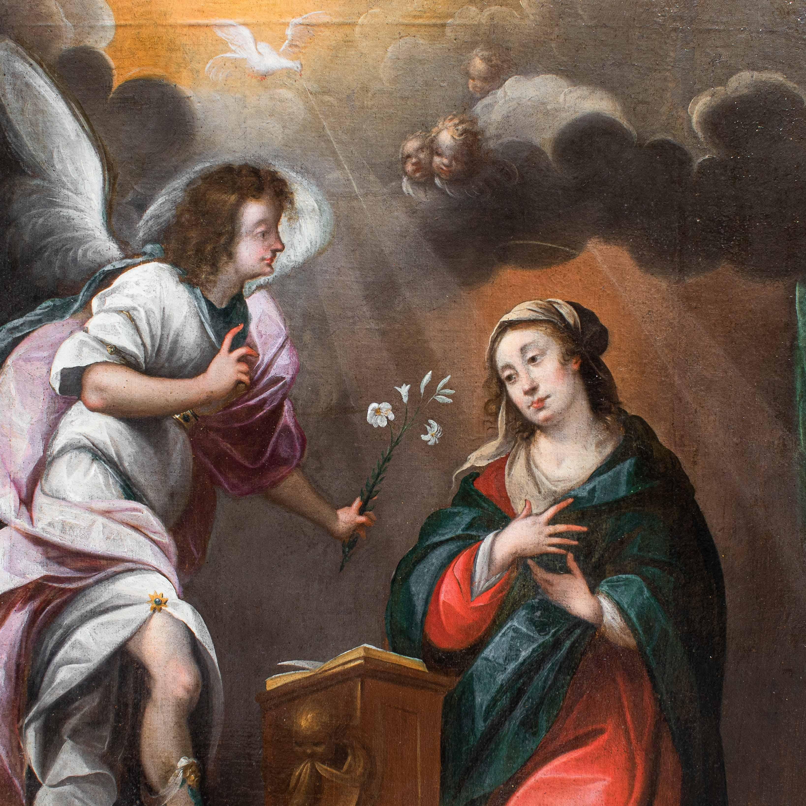 18th Century and Earlier 17th Century Annunciation Painting Oil on Canvas Workshop of Nuvolone For Sale