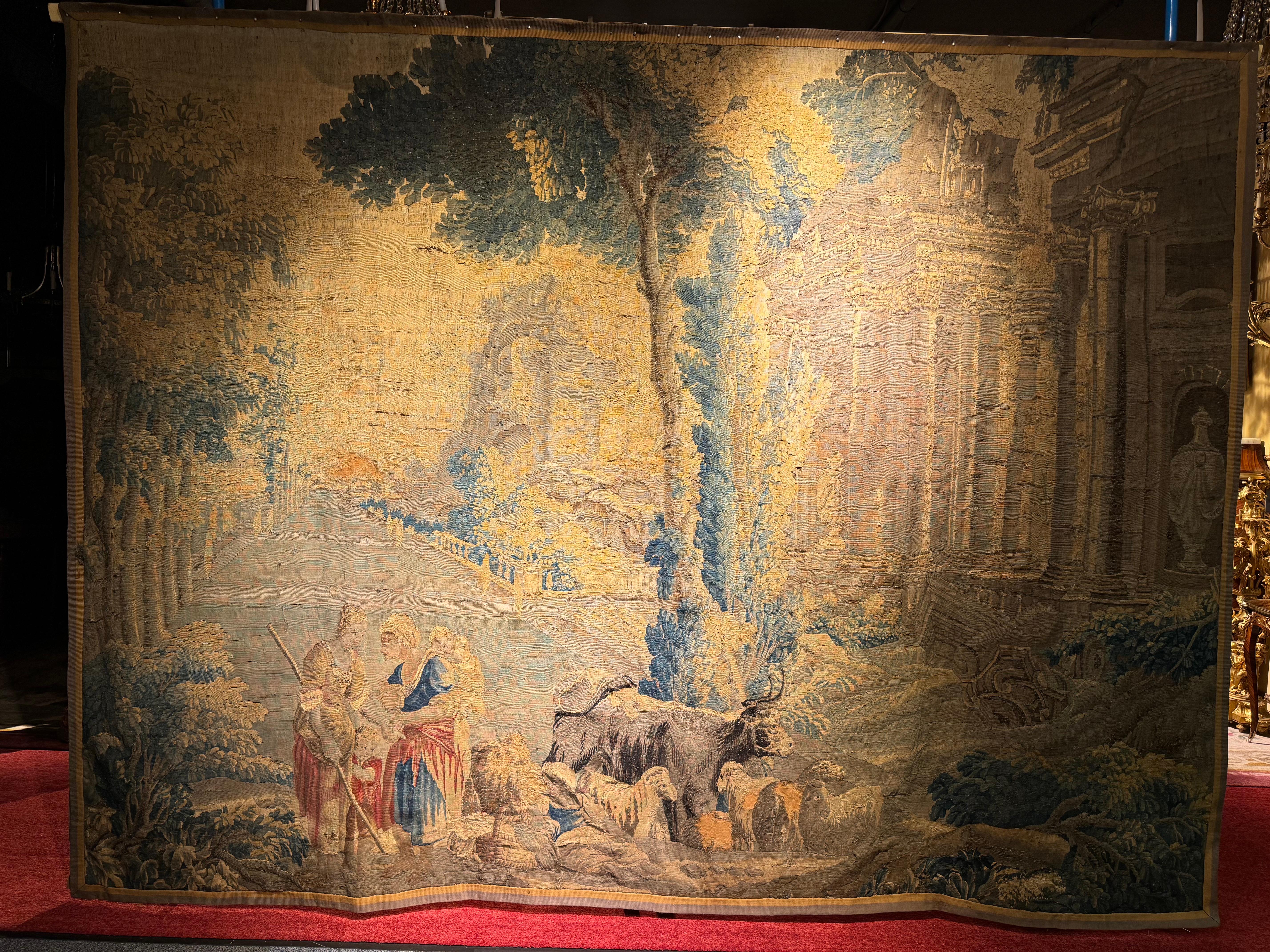 17th century Antique Aubusson/Gobelin tapestry, France Architectural land, silk For Sale 4