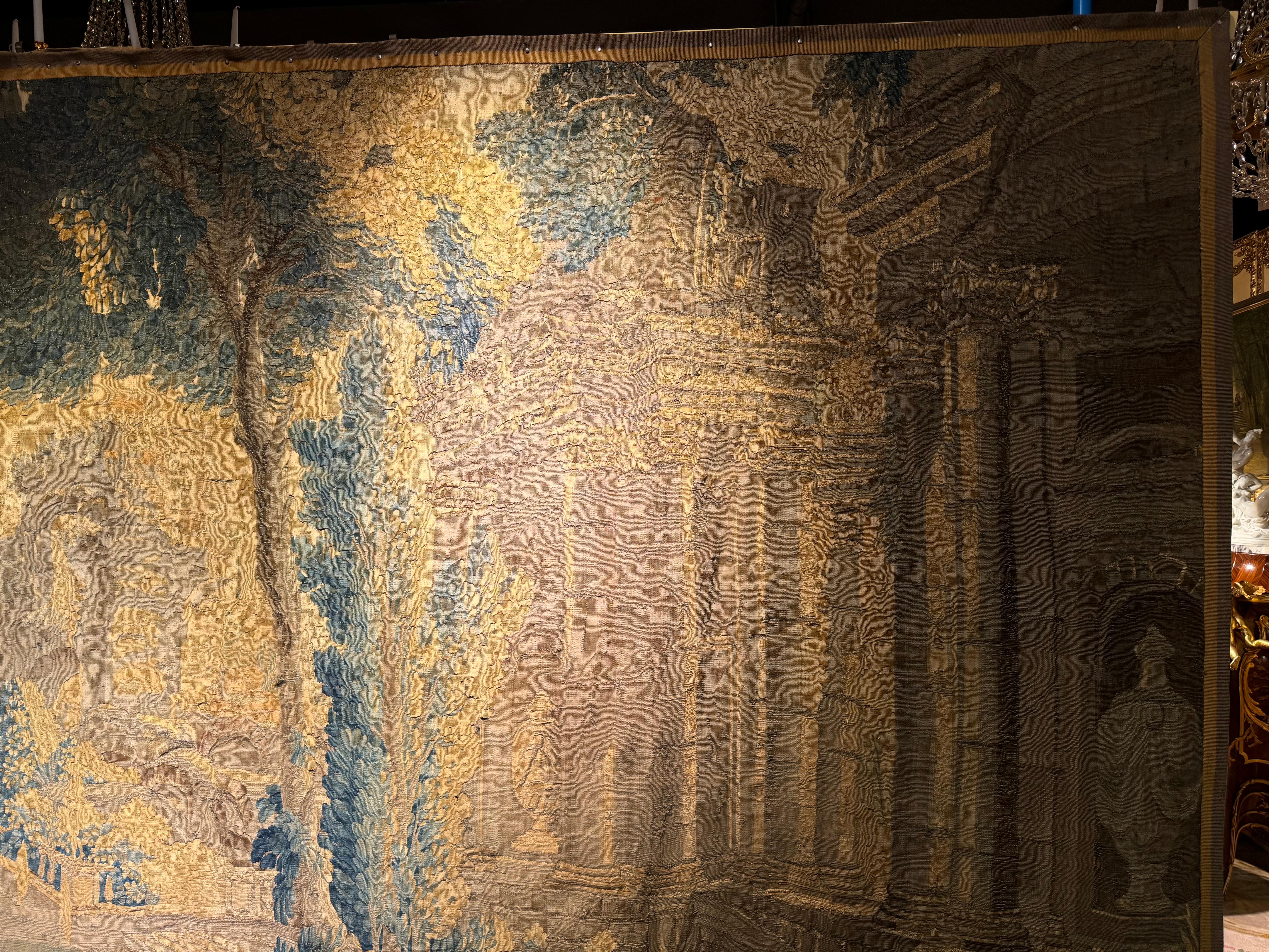 17th century Antique Aubusson/Gobelin tapestry, France Architectural land, silk For Sale 5