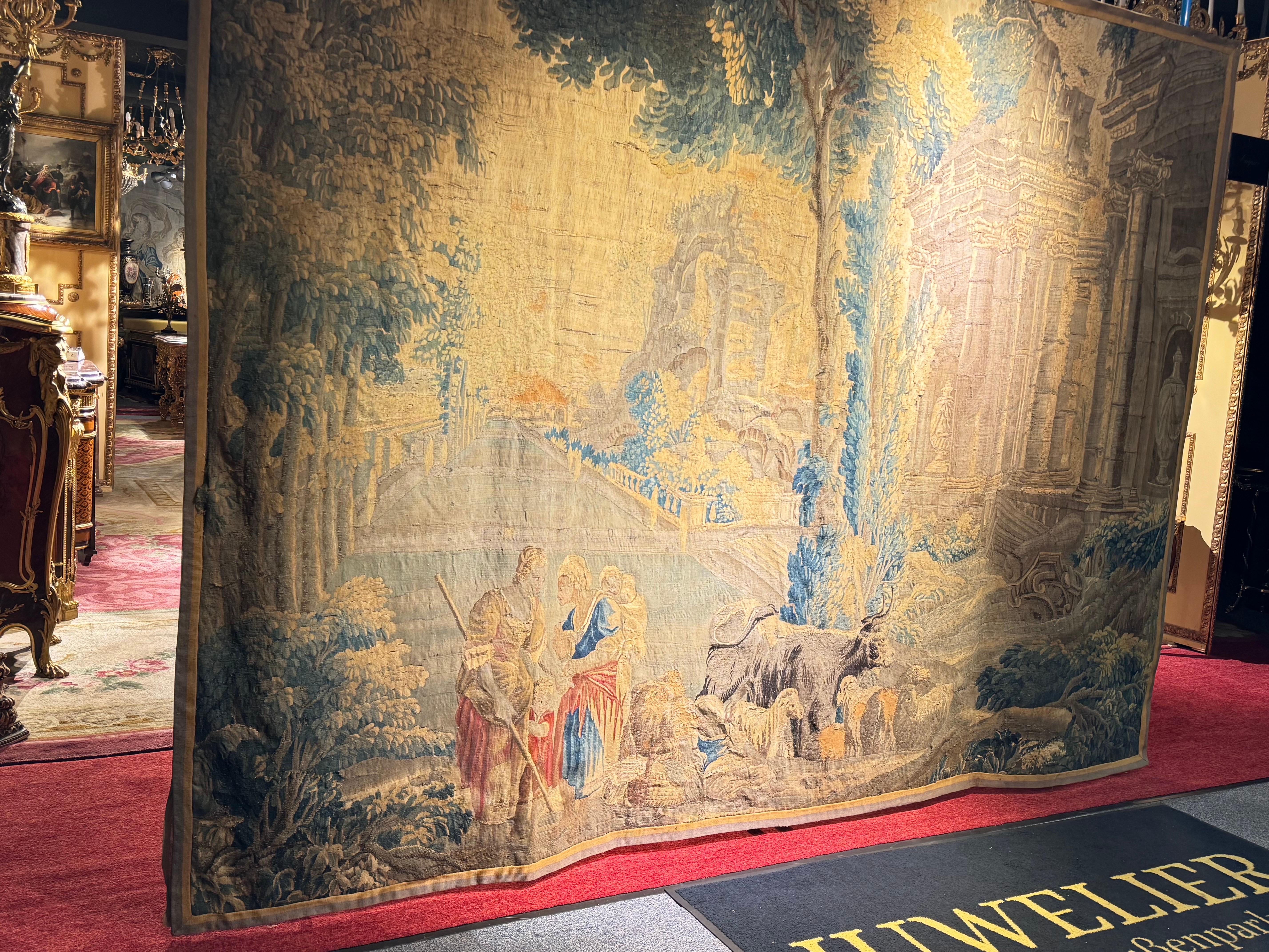 17th century Antique Aubusson/Gobelin tapestry, France Architectural land, silk For Sale 6