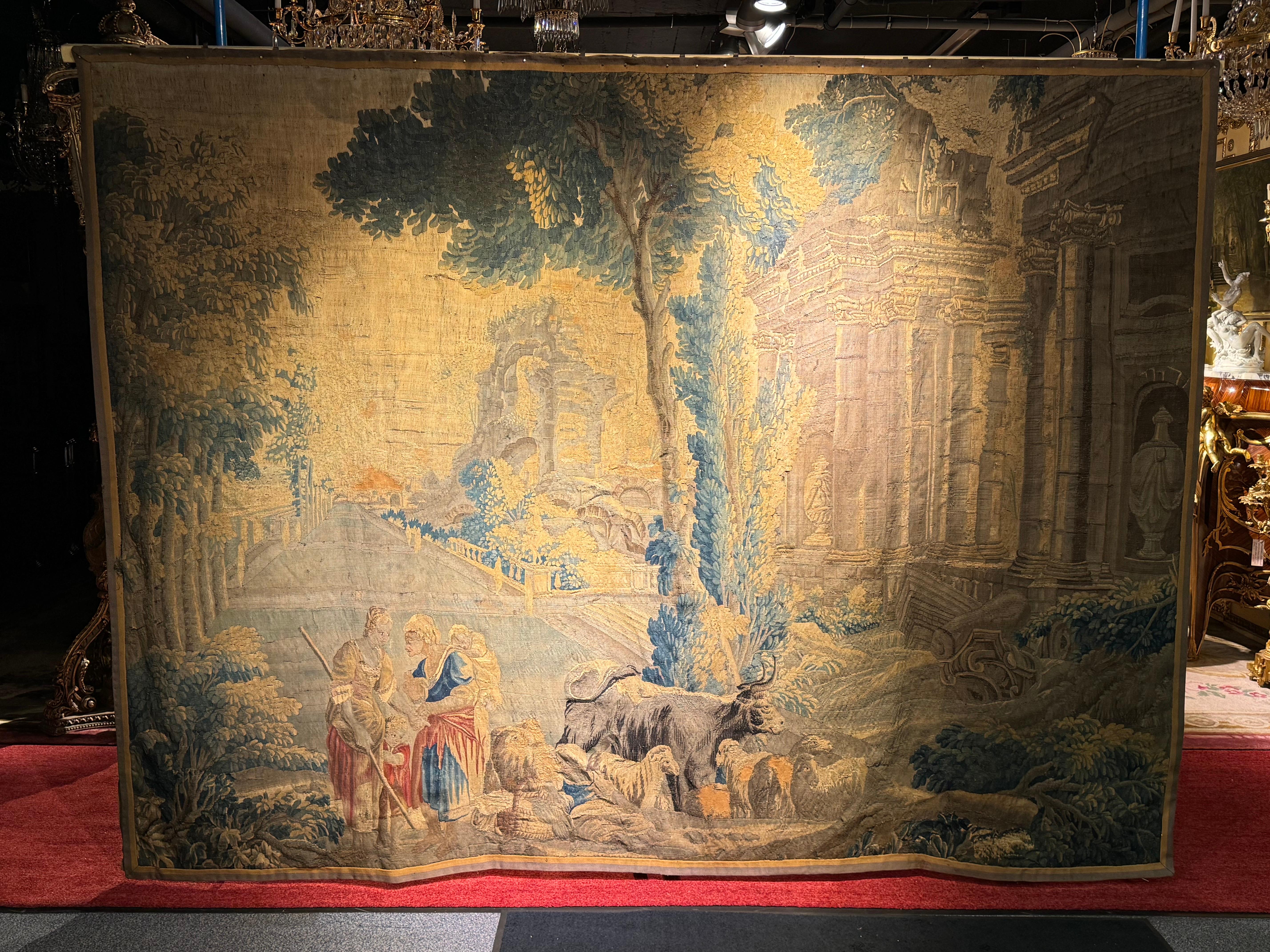 17th century Antique Aubusson/Gobelin tapestry, France Architectural land, silk For Sale 7