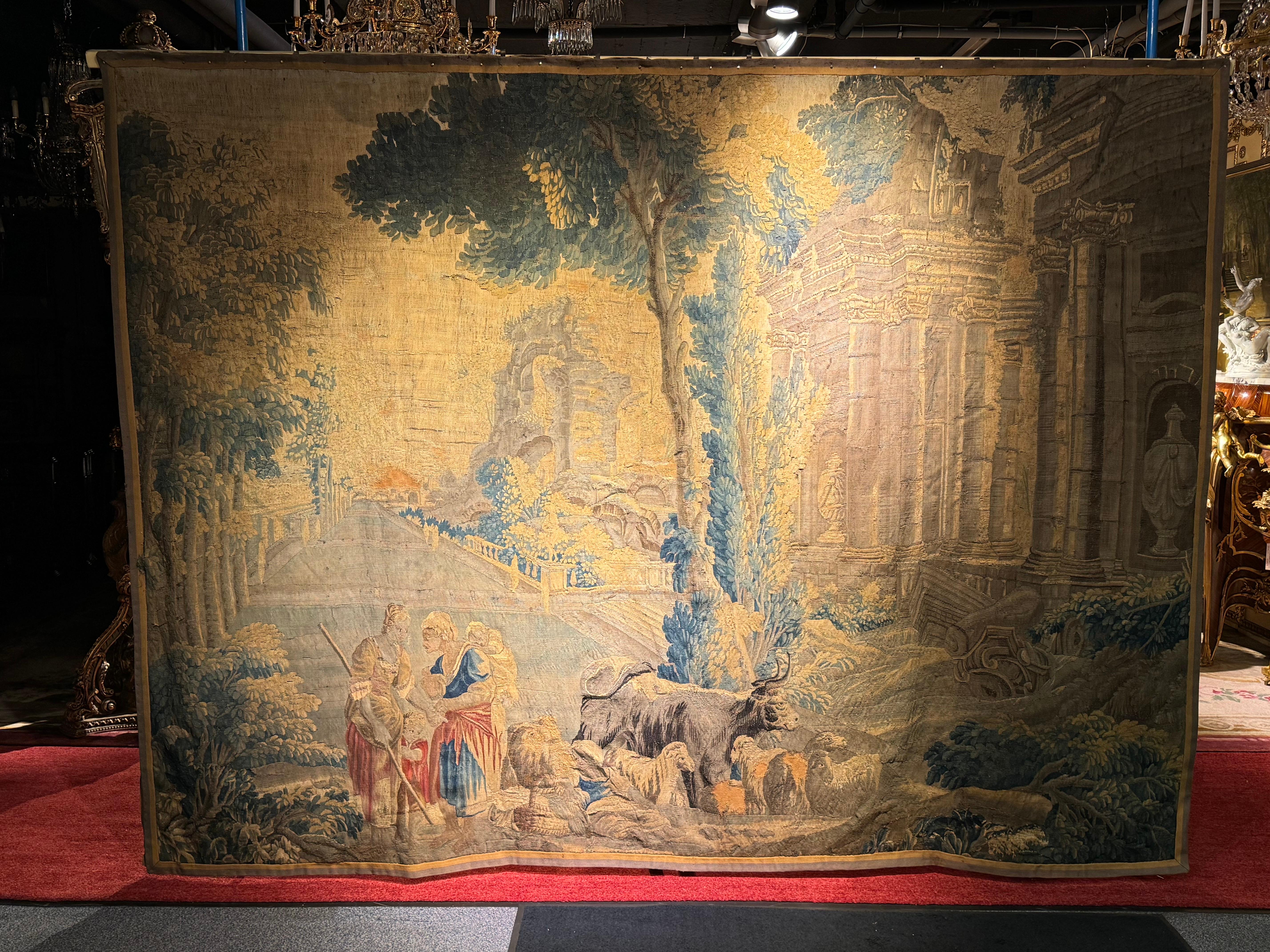 17th century Antique Aubusson/Gobelin tapestry, France Architectural land, silk For Sale 8