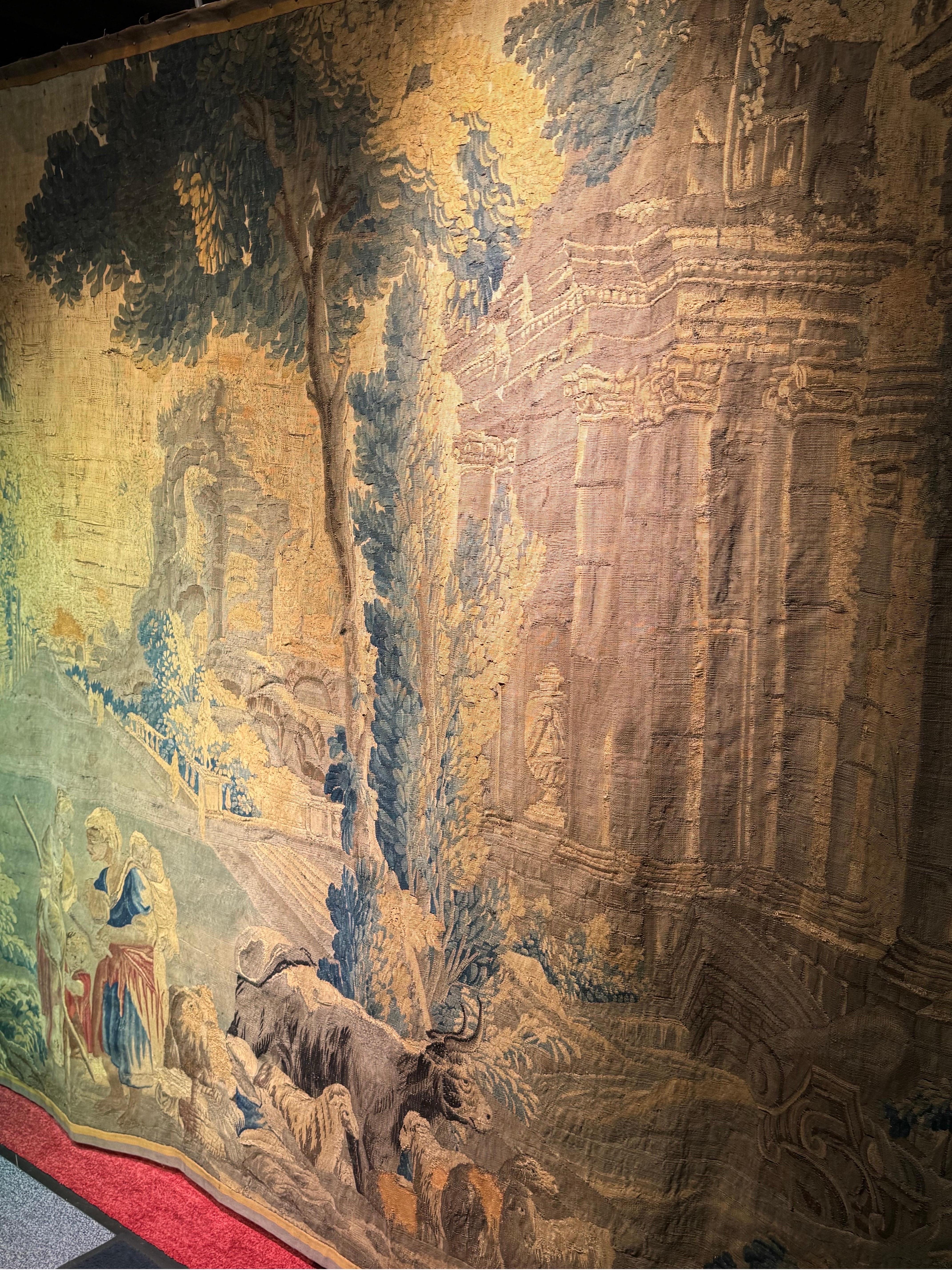 17th century Antique Aubusson/Gobelin tapestry, France Architectural land, silk For Sale 9