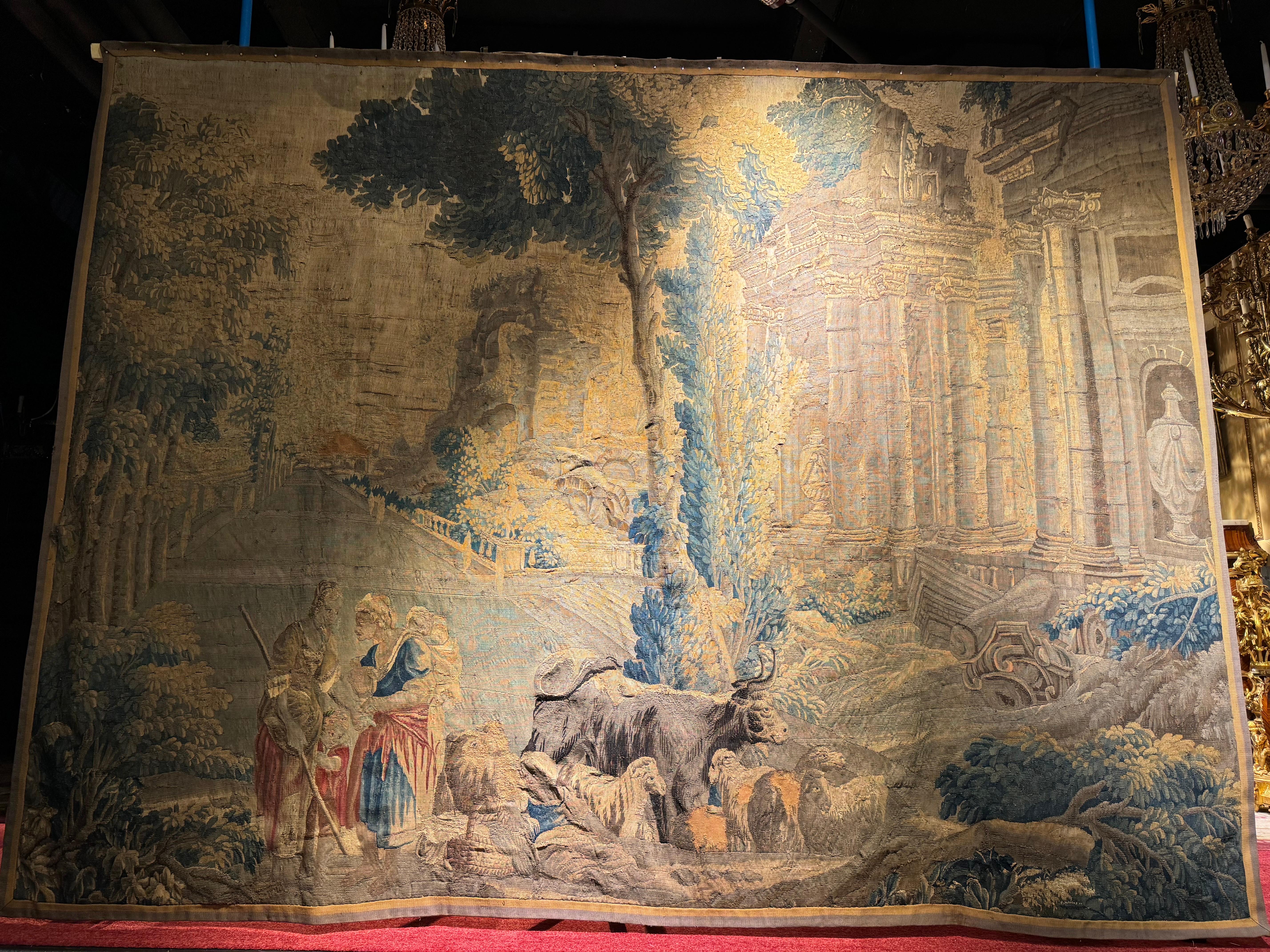 17th century Antique Aubusson/Gobelin tapestry, France Architectural landscape, silk

Antique Museal Aubosson tapestry made of silk and partly wool. Very fine and antique design. Depicting: Verdure - tapestry on which plants are depicted in green