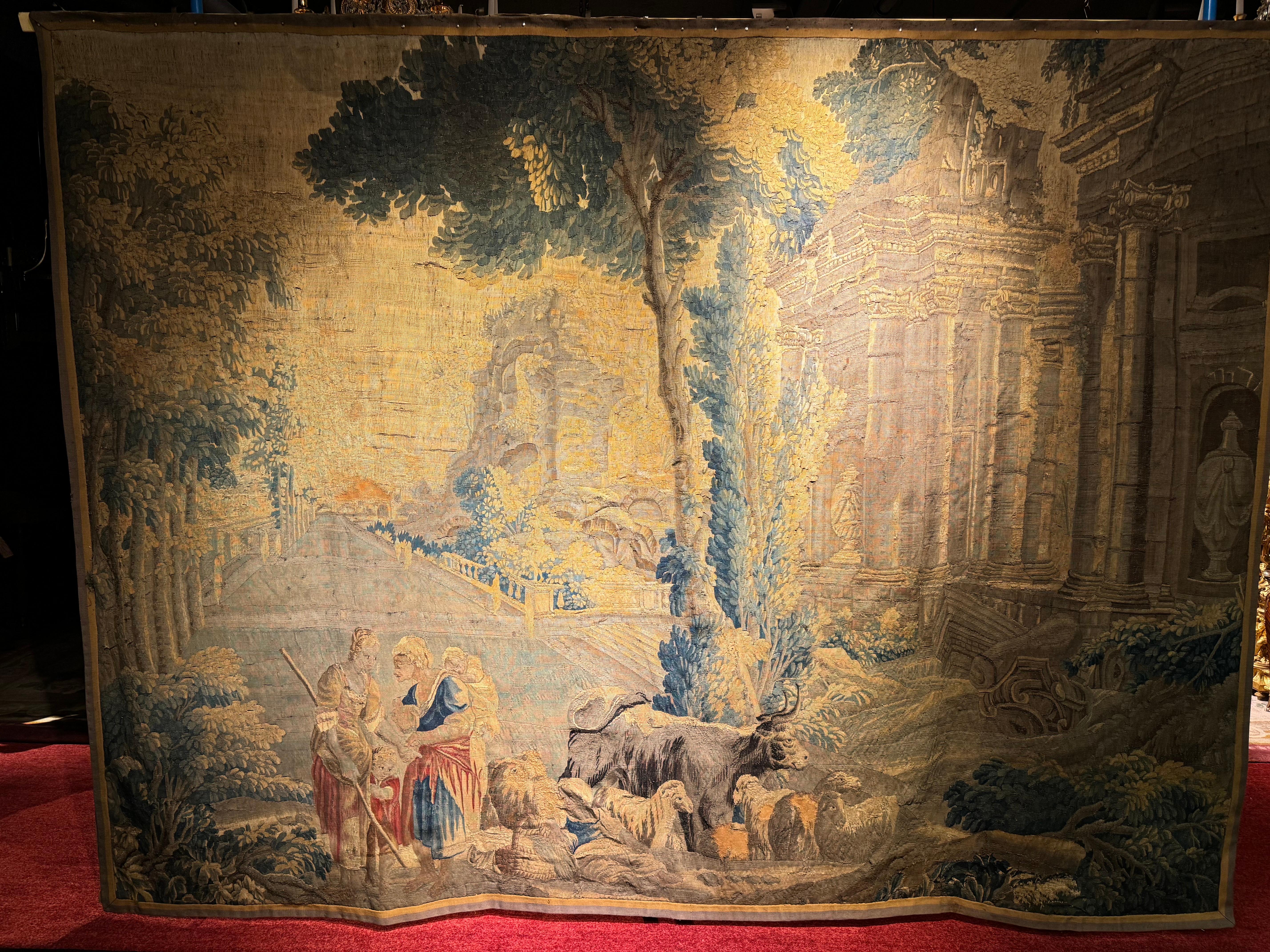 Baroque 17th century Antique Aubusson/Gobelin tapestry, France Architectural land, silk For Sale