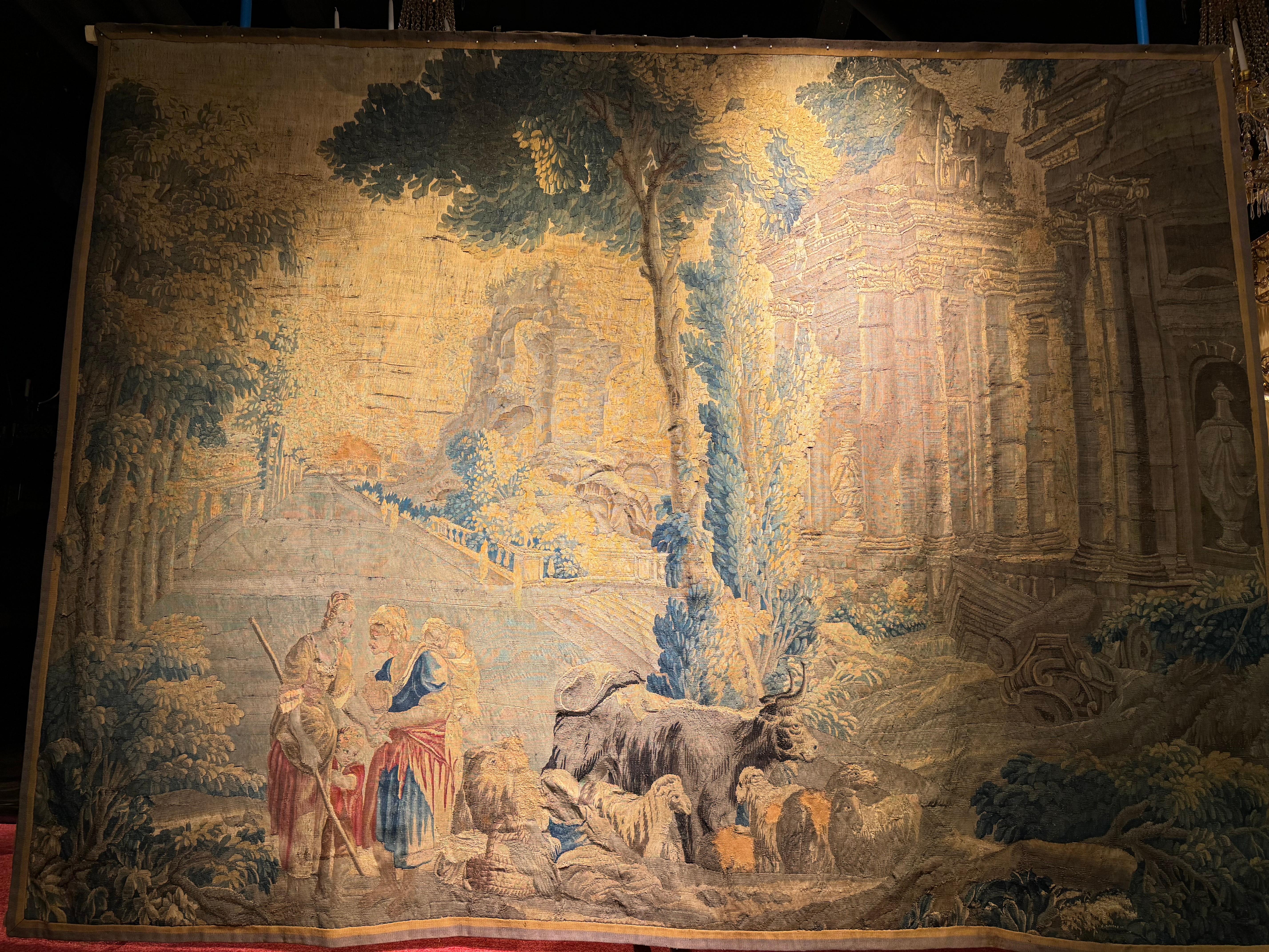 French 17th century Antique Aubusson/Gobelin tapestry, France Architectural land, silk For Sale