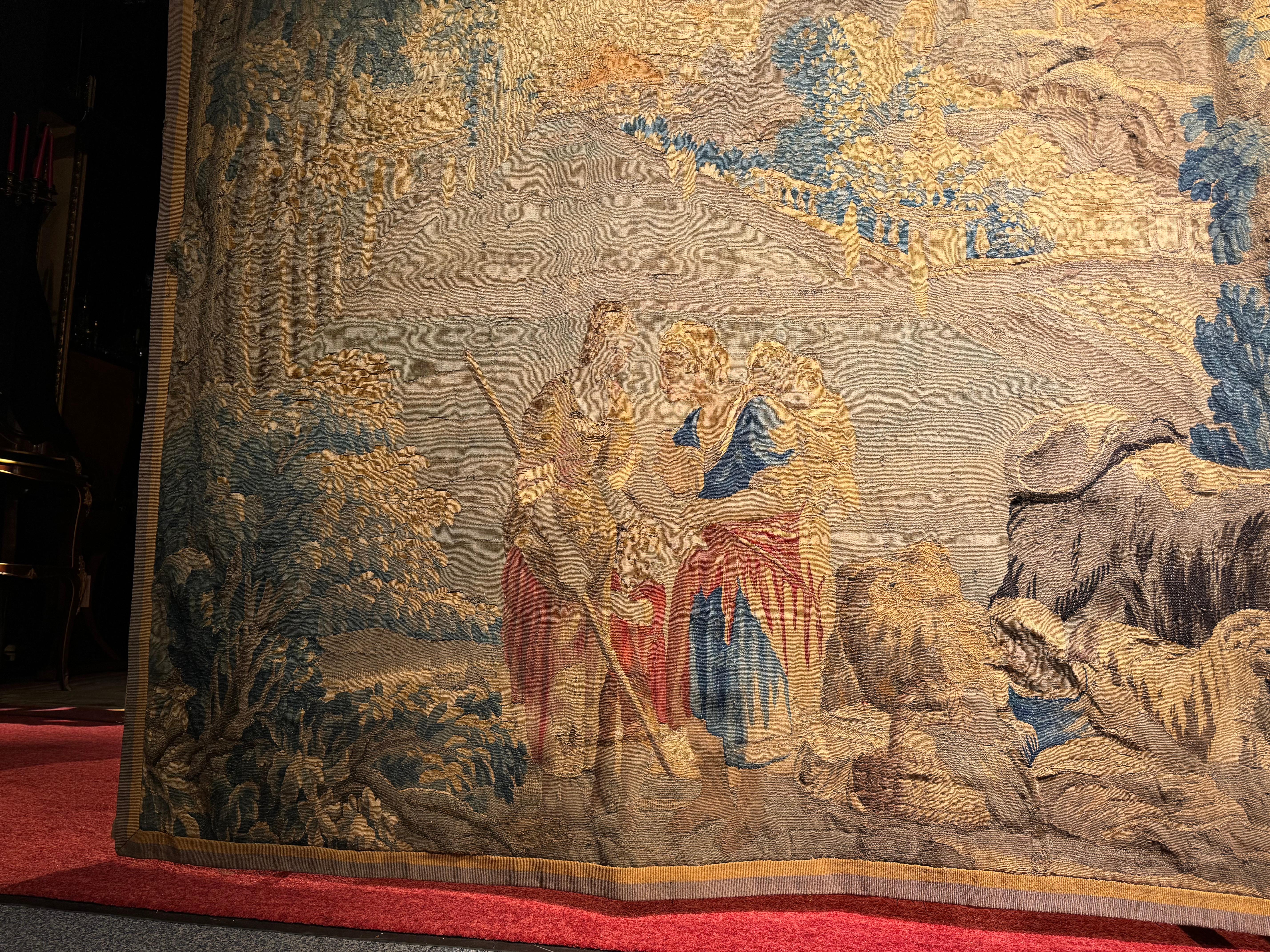 Painted 17th century Antique Aubusson/Gobelin tapestry, France Architectural land, silk For Sale