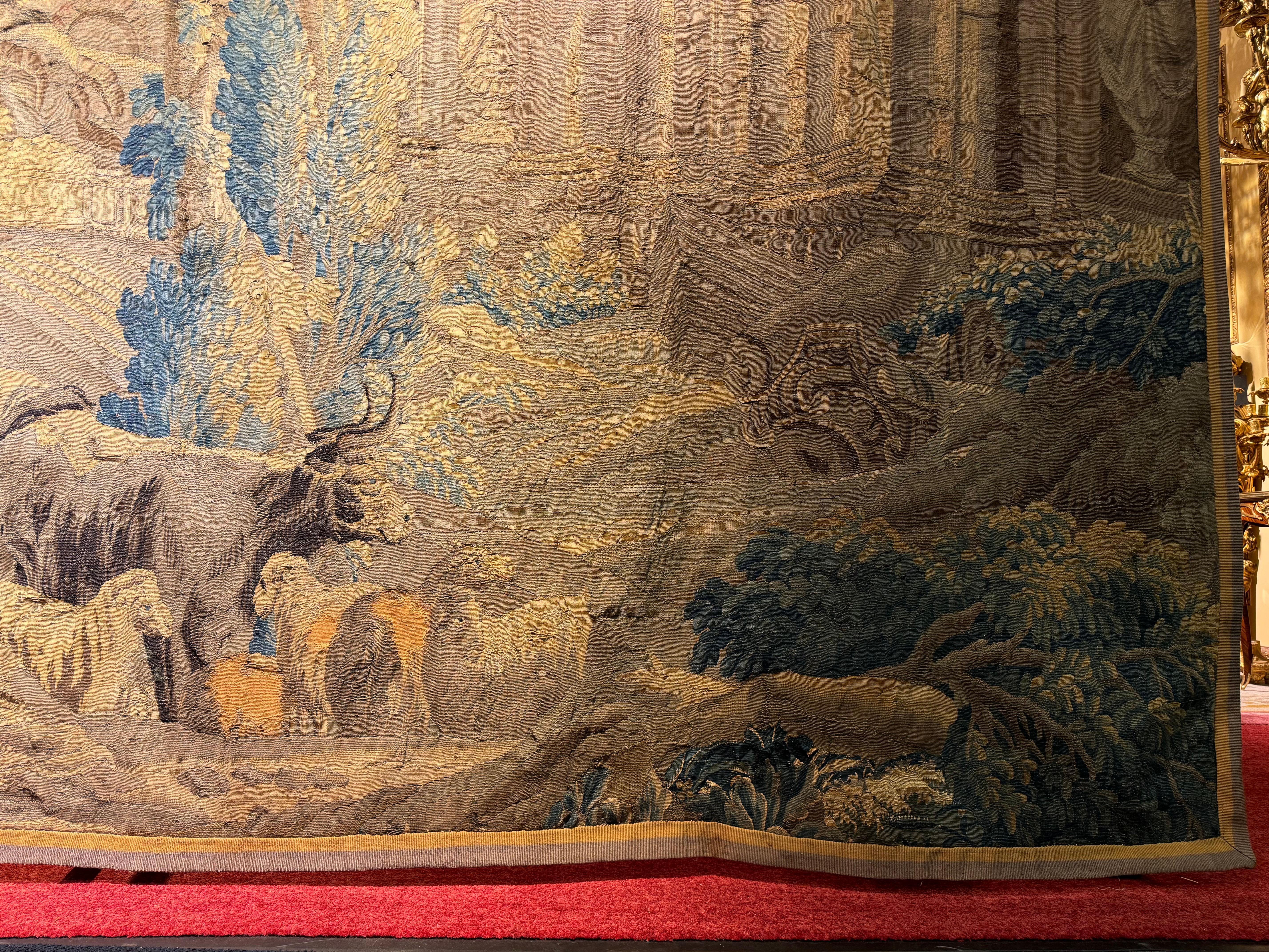 17th century Antique Aubusson/Gobelin tapestry, France Architectural land, silk In Good Condition For Sale In Berlin, DE