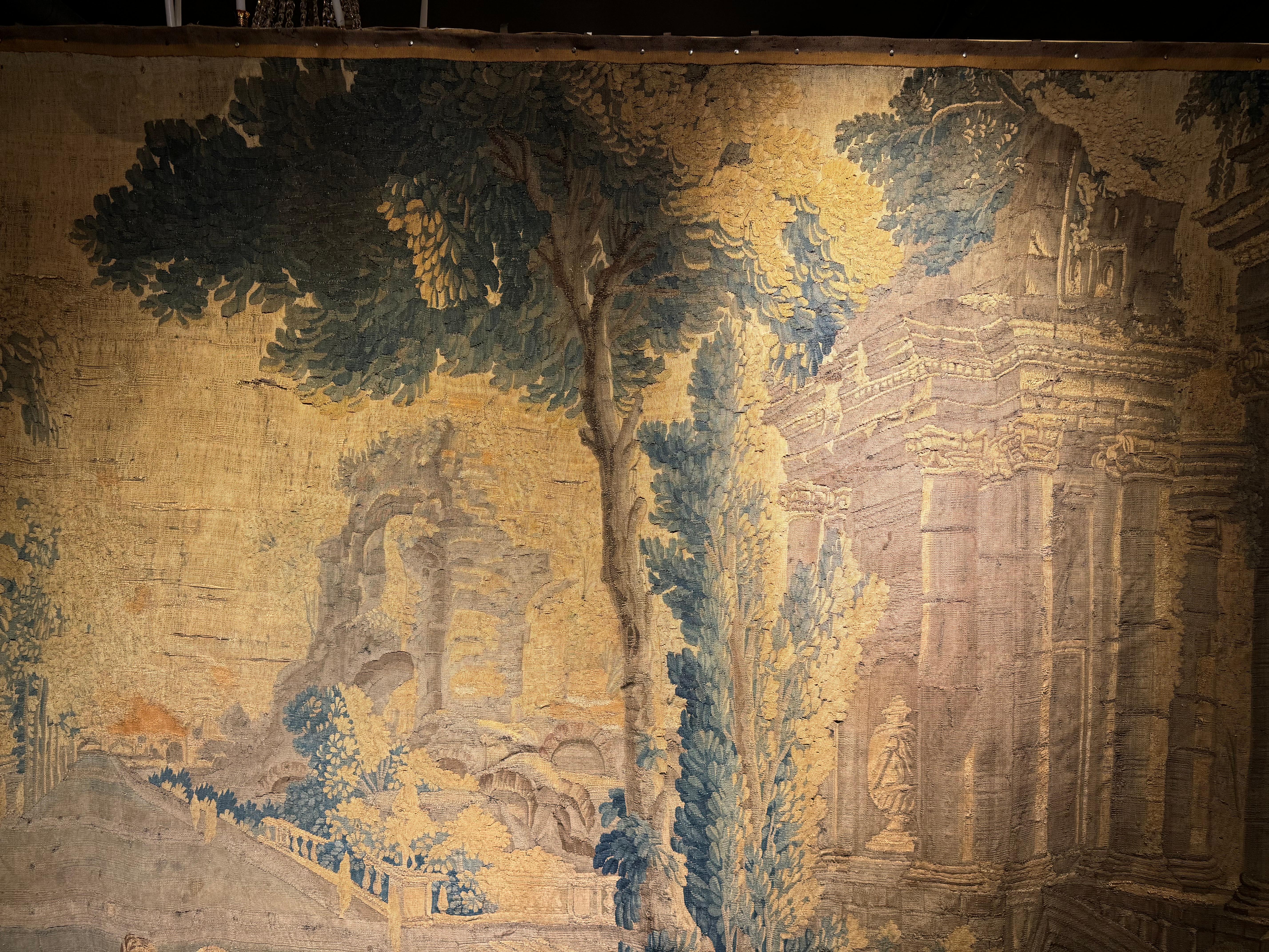 Wool 17th century Antique Aubusson/Gobelin tapestry, France Architectural land, silk For Sale