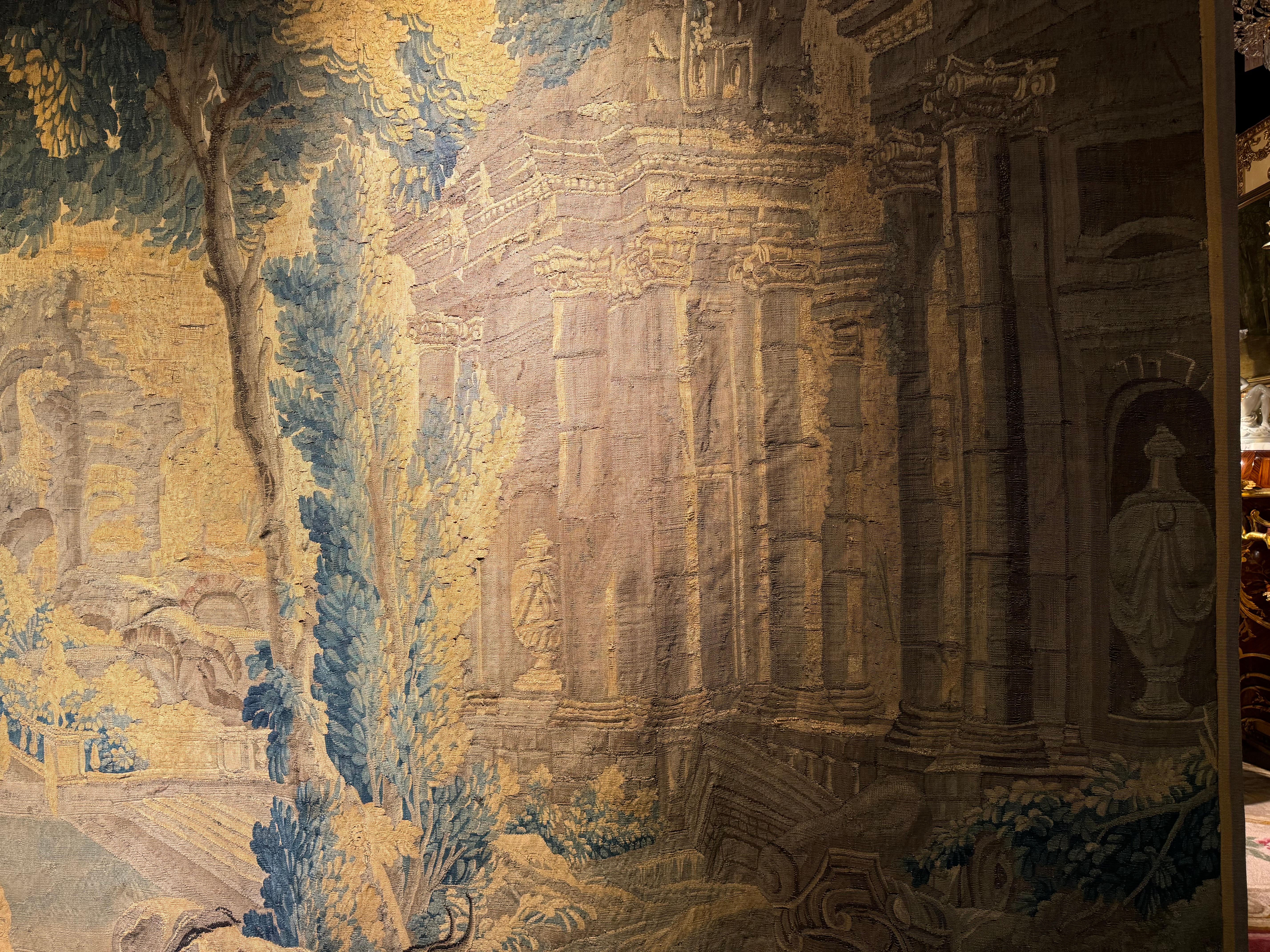17th century Antique Aubusson/Gobelin tapestry, France Architectural land, silk For Sale 1