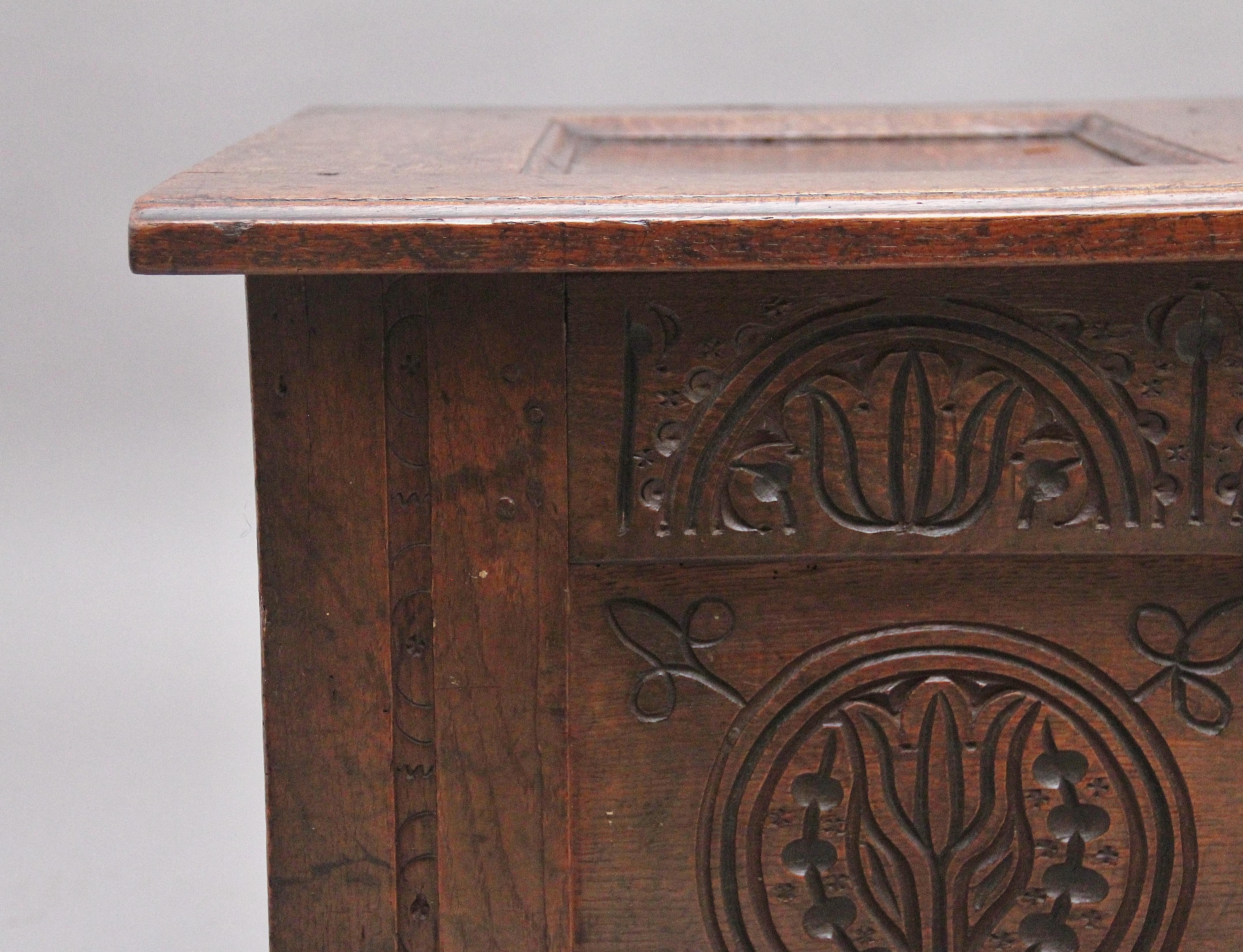 17th Century Antique Carved Oak Coffer For Sale 6