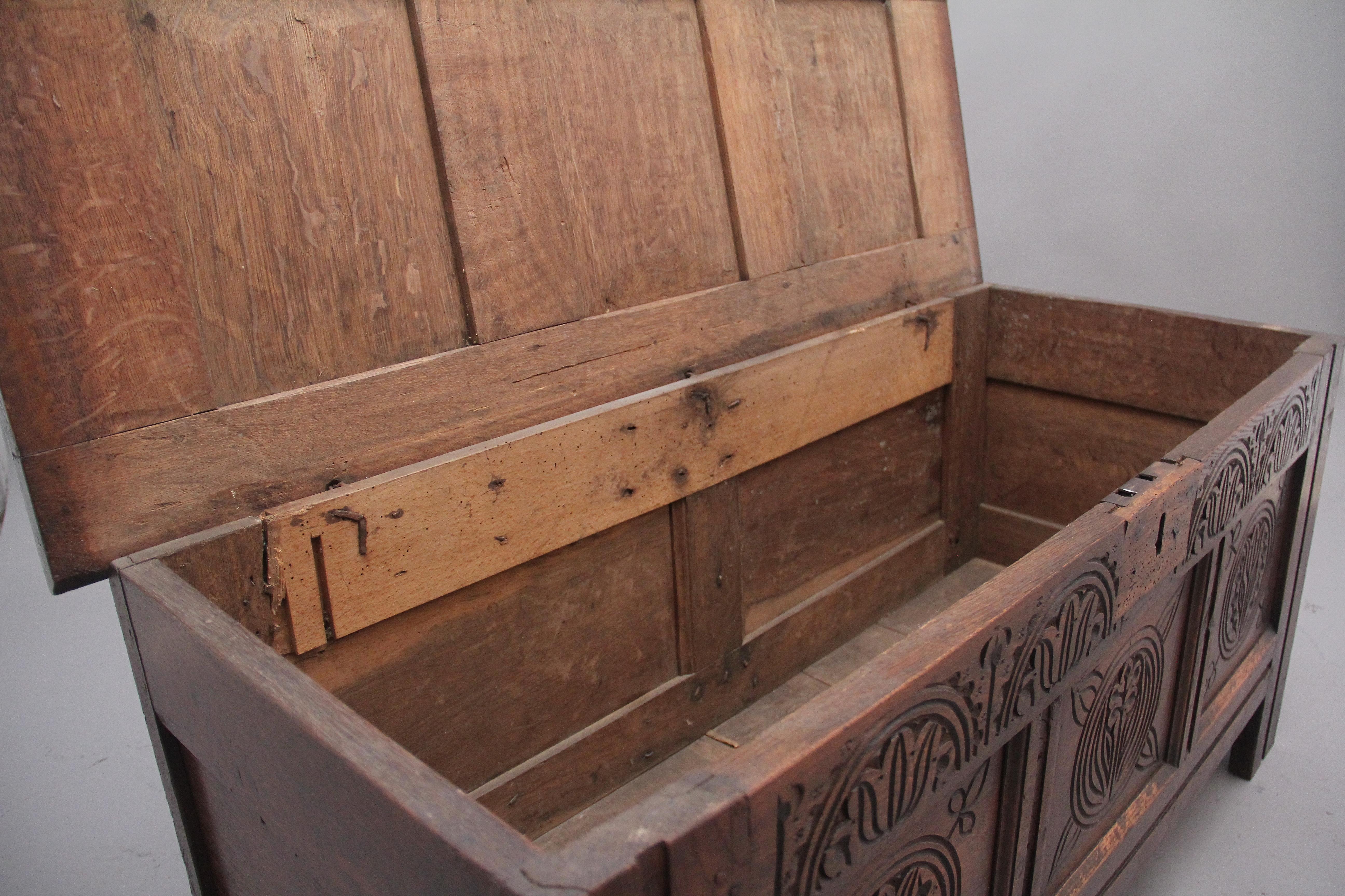 British 17th Century Antique Carved Oak Coffer For Sale