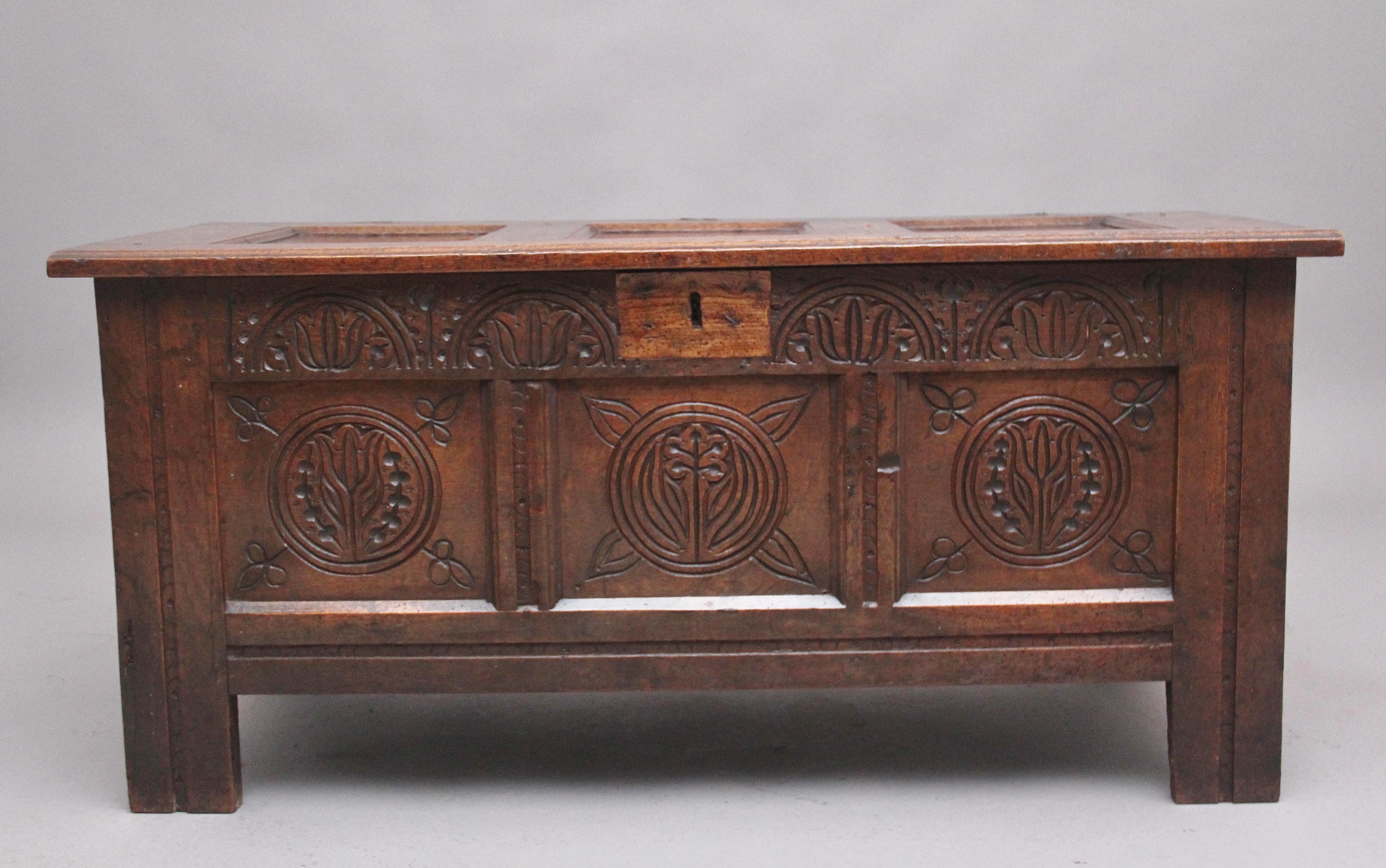 17th Century Antique Carved Oak Coffer In Good Condition For Sale In Martlesham, GB