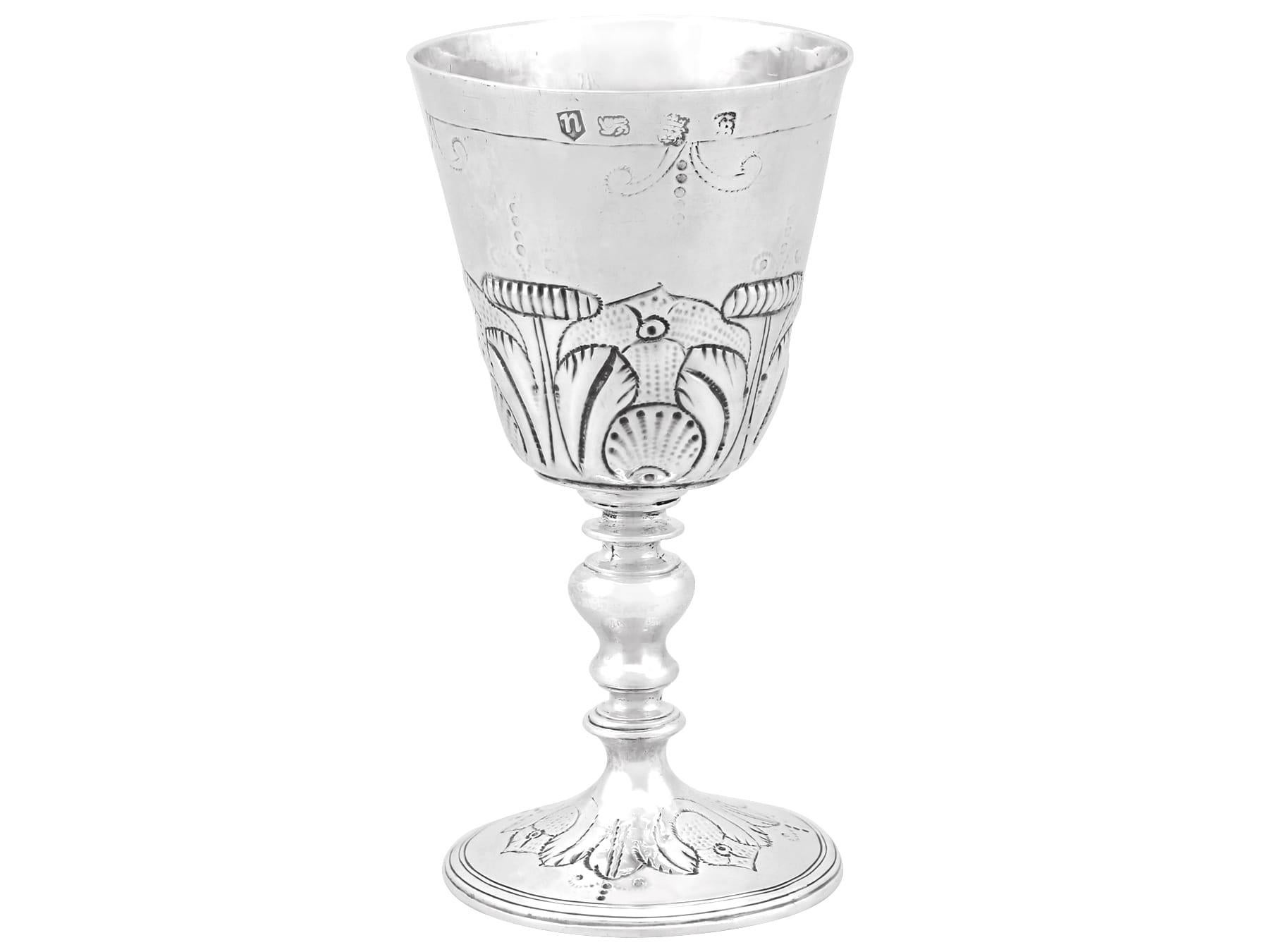 An exceptional, fine and impressive, rare antique Charles I English sterling silver goblet; an addition to our collectable range of 17th century silverware.

This exceptional antique Charles I sterling silver goblet / wine cup has a tapering