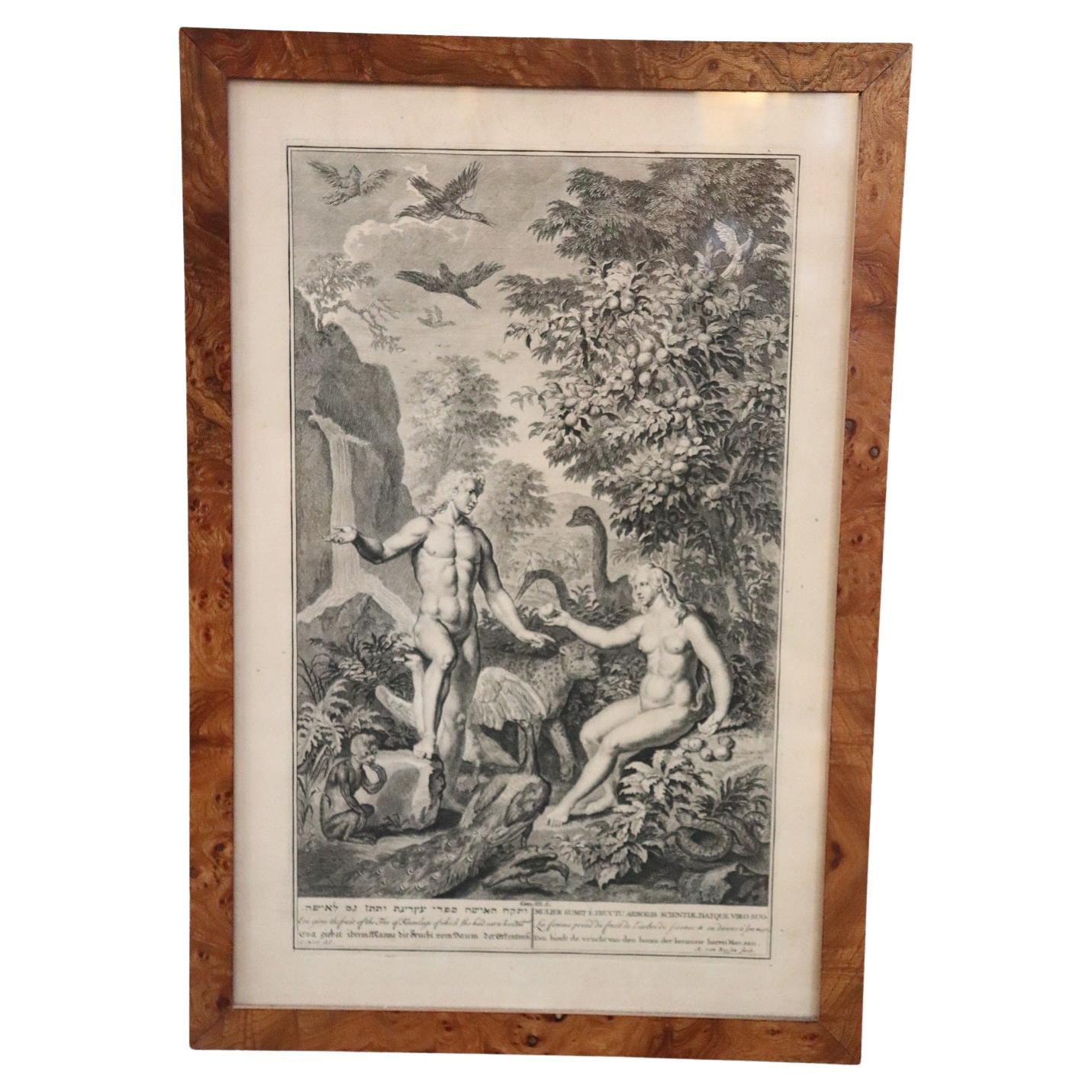 Grabado antiguo del siglo XVII de Gerard Hoet "Adán y Eva"