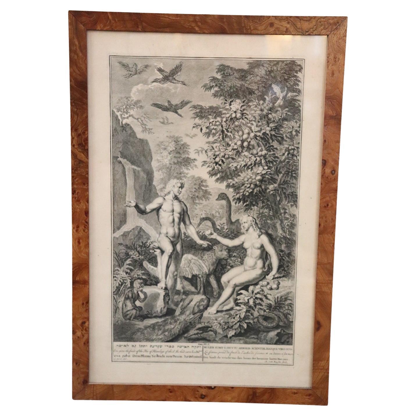 Gravure ancienne du 17ème siècle par Gerard Hoet ""Adam et Eve"".