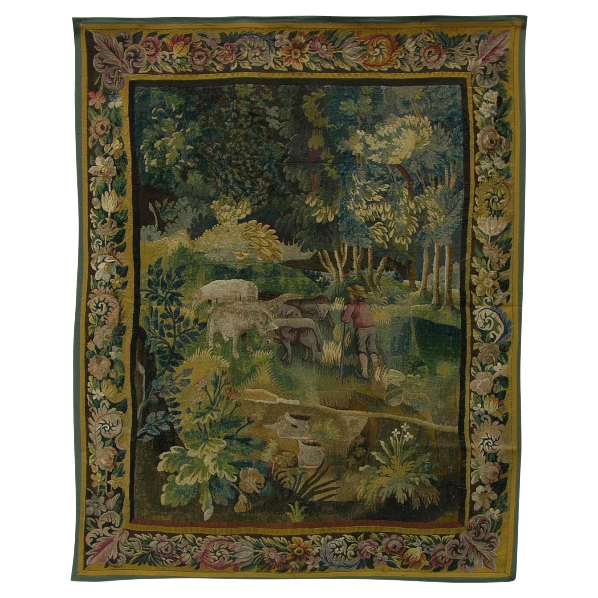 17th Century Antique Flemish Tapestry 7'4"" X 5'10" For Sale