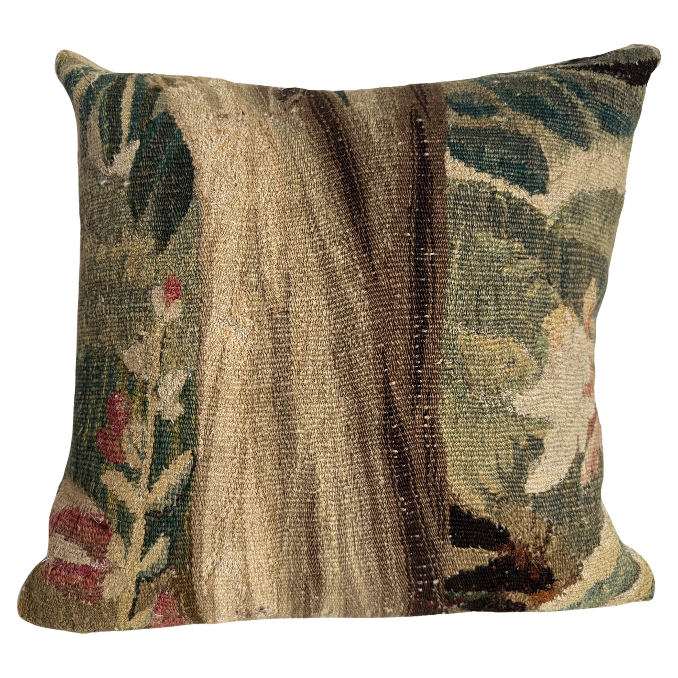 17th Century Antique Flemish Tapestry Floral Pillow